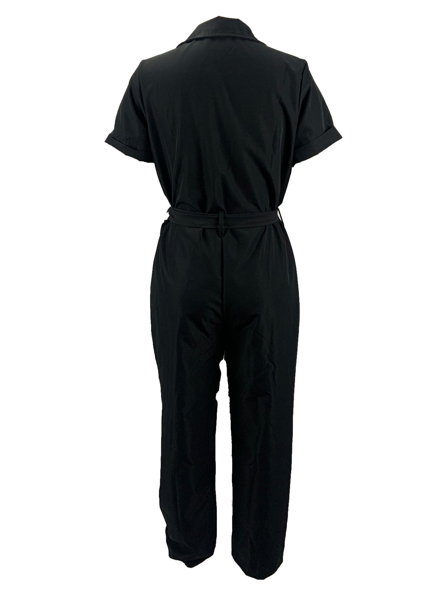 Y2K Solid Lapel Button Down Short Sleeve Tie Waist Cargo Jumpsuit, Casual Long Length Pockets Rompers Overalls, Women's Clothing