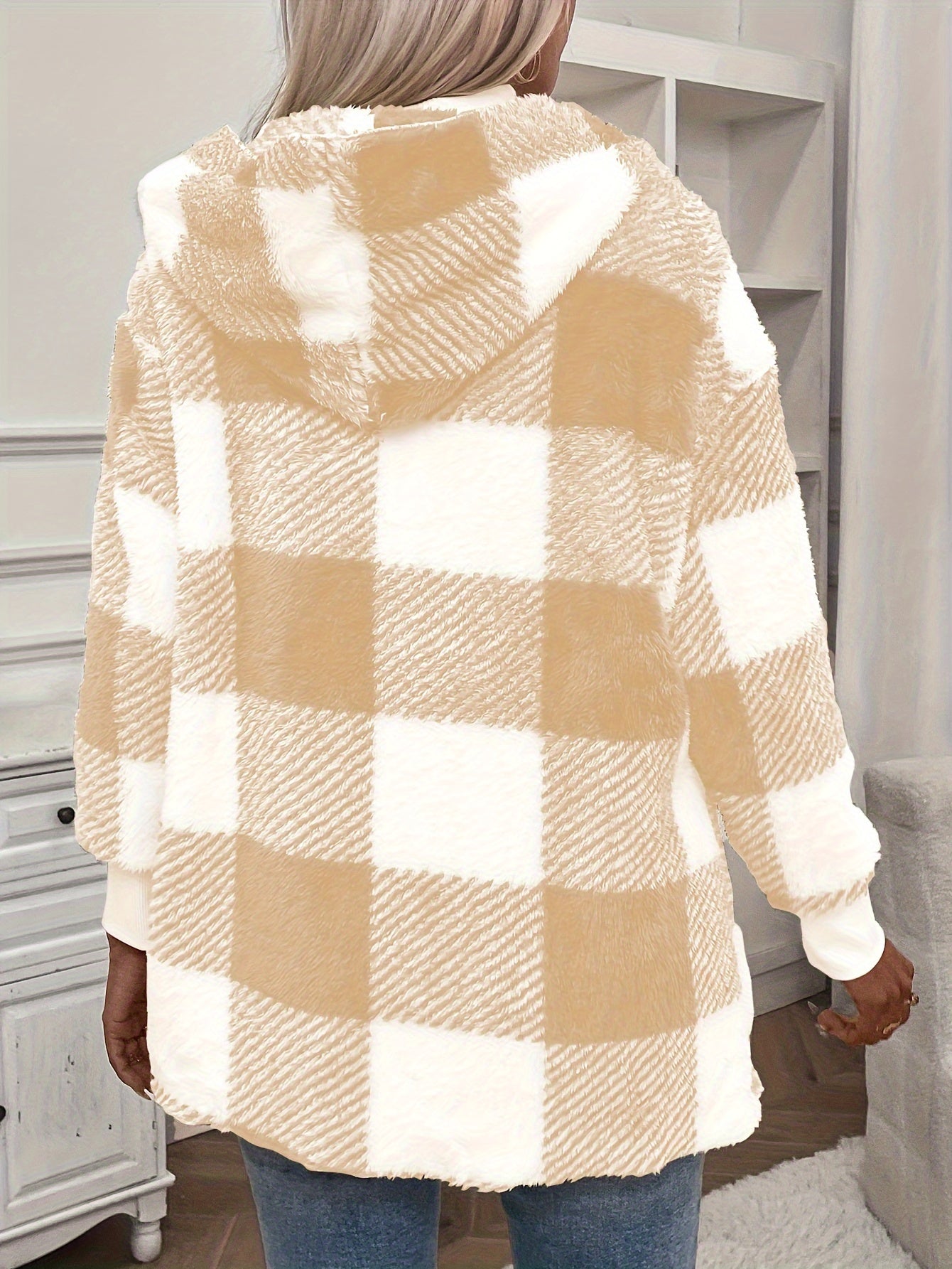 Plaid Hooded Teddy Coat, Casual Open Front Warm Outerwear, Women's Clothing