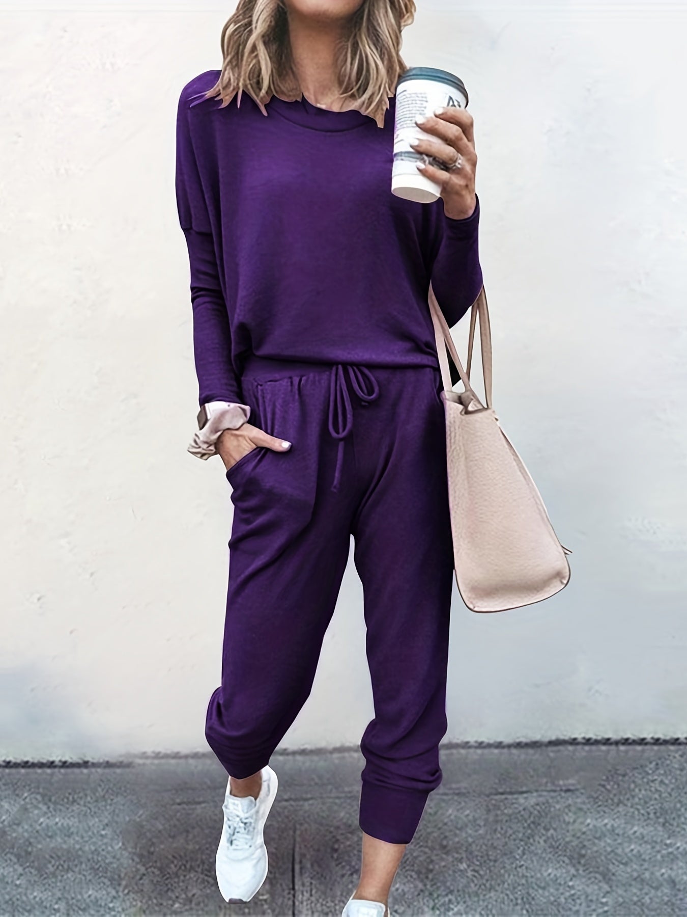 Casual Solid Two-piece Set, Long Sleeve T-shirt & Drawstring Pants Outfits, Women's Clothing