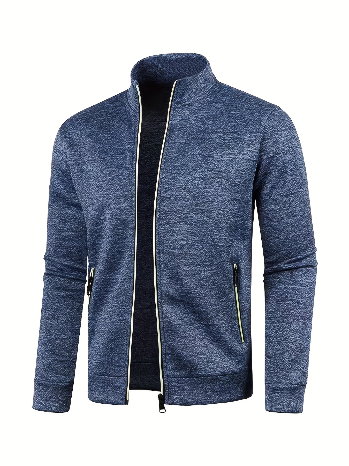 Warm Stand Collar Fleece Jacket, Men's Casual Comfortable Zip Up Zipper Pockets Knitted Cardigan For Fall Winter, Men's Bottoms