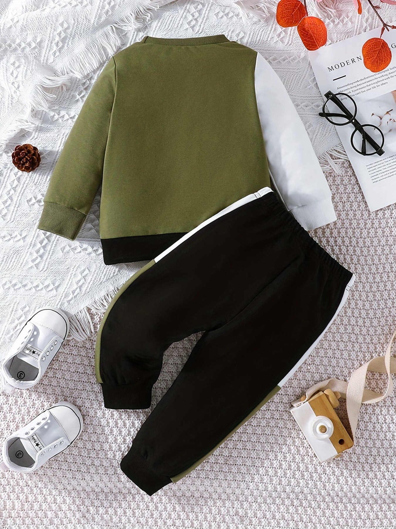 Baby Boy's Long Sleeve Sweatshirt & Trousers Set For Spring And Autumn, Kid's Trendy Color Contrast Outfit