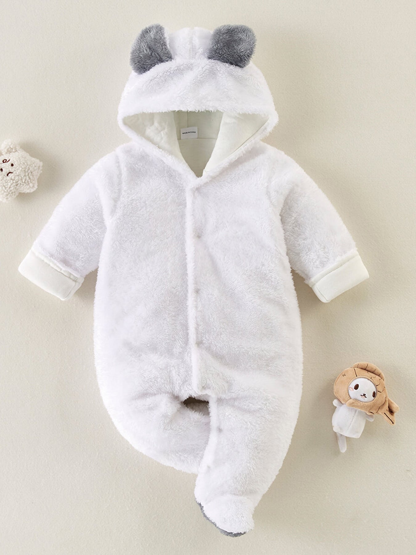 Baby Plush Long Sleeve Faux Fur Jumpsuit With Bear Ears Design For Fall Winter New