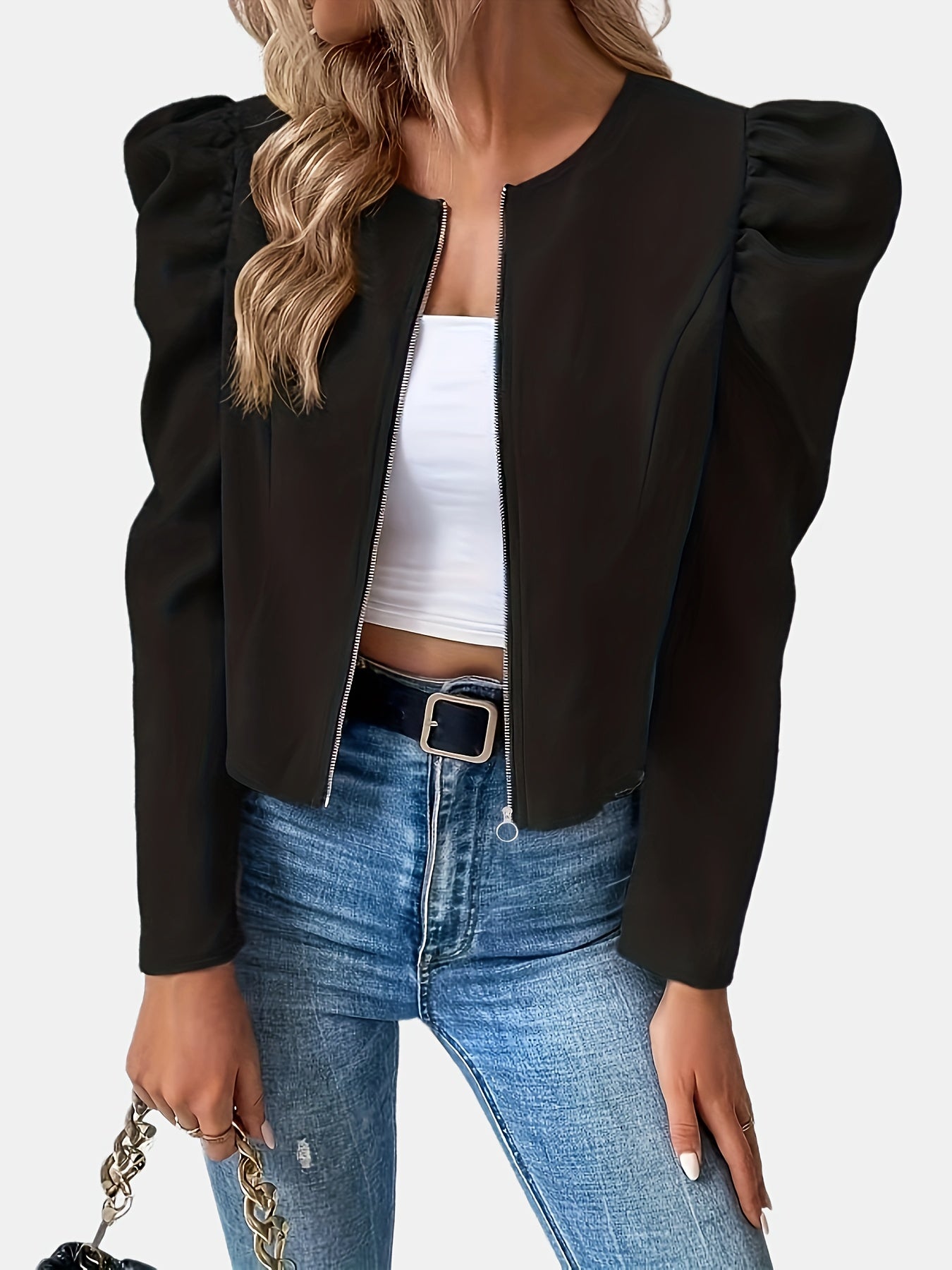 Zip Up Puff Sleeve Jacket, Elegant Solid Versatile Outerwear, Women's Clothing
