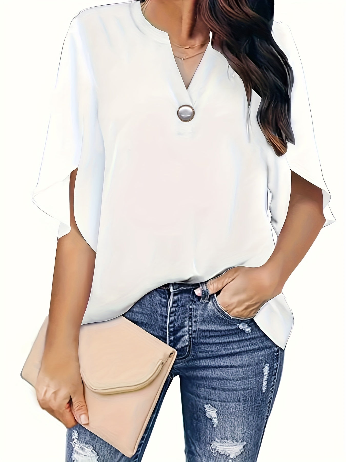 Plus Size Elegant Top, Women's Plus Plain Button Decor Half Sleeve V Neck Slight Stretch T-shirt