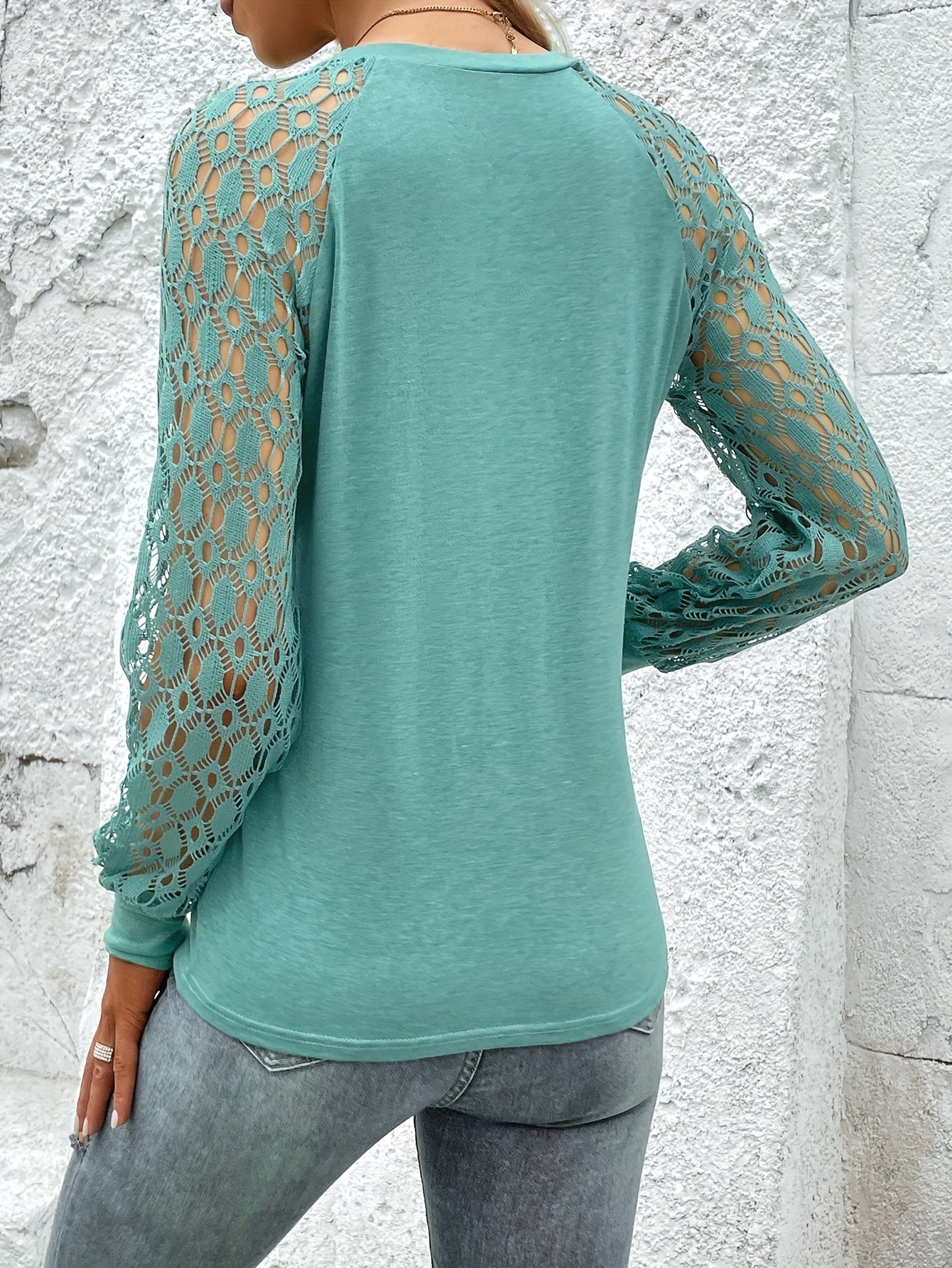 Contrast Lace Crew Neck Knitted Top, Elegant Long Sleeve Sweater For Spring & Fall, Women's Clothing
