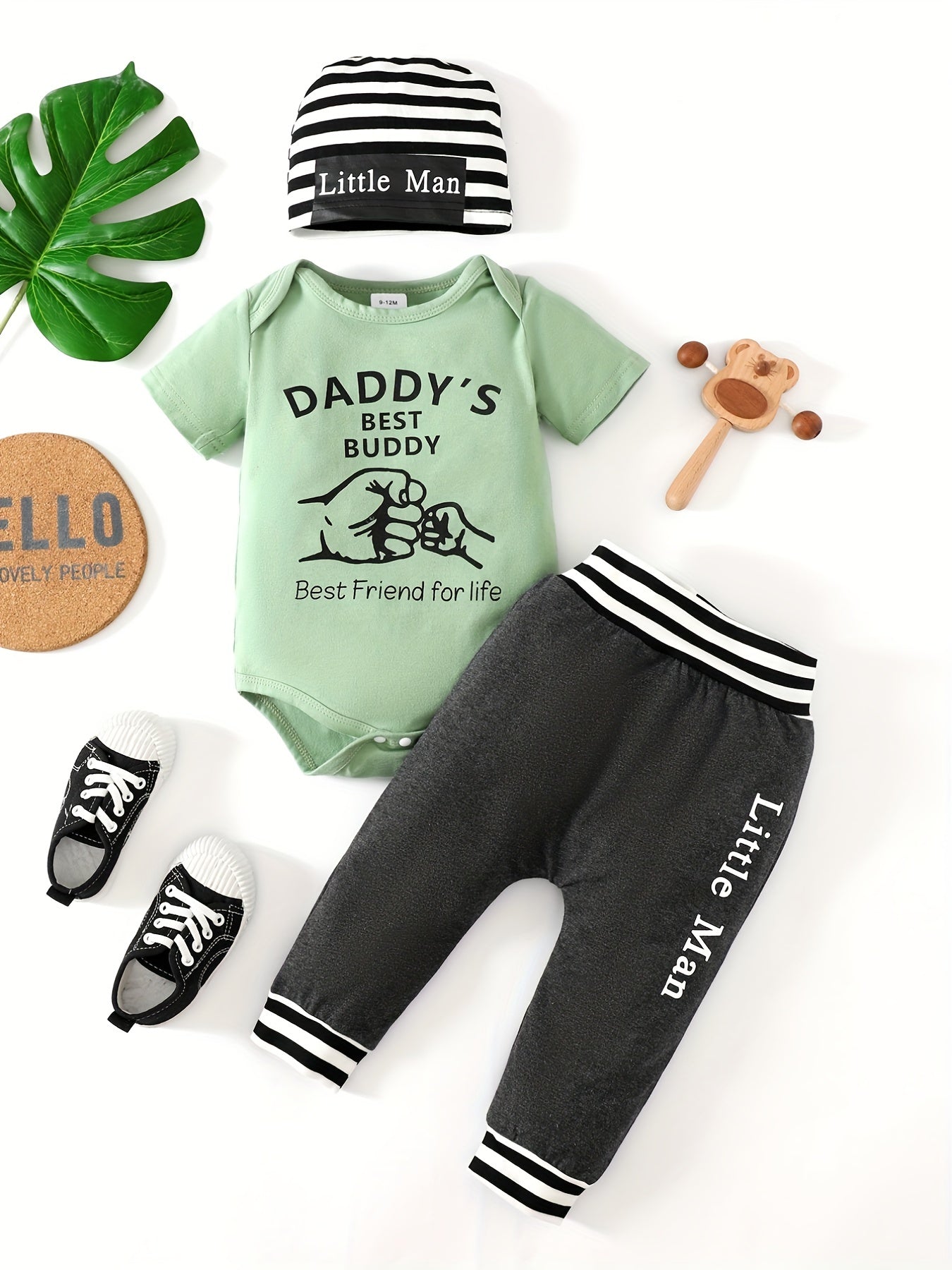 3pcs Baby Boys Cute "Daddy's Best Buddy/LIL KING/LIL BRO" Short Sleeve Onesie Romper & Pants & Hat Set, Kids Clothes