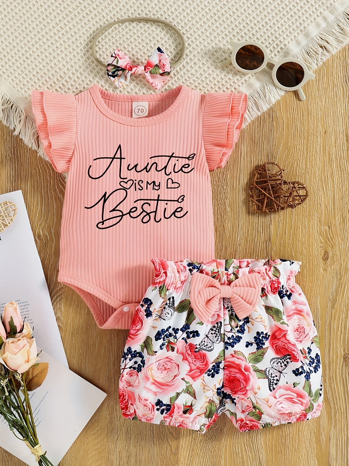 3pcs Baby Infant Girls Cute "Auntie Is My Bestie" Ruffle Sleeve Onesie & Bowknot Floral Shorts & Headband Set Clothes