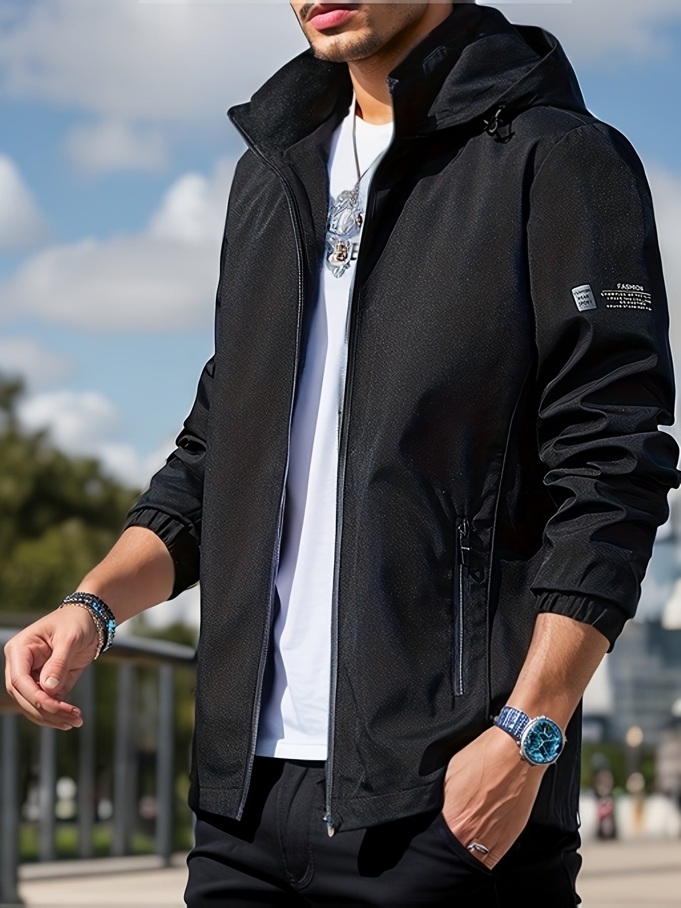 Men's Windbreaker Detachable Hooded Jacket, Zipper Pockets Jackets By Activity For Outdoor Activities