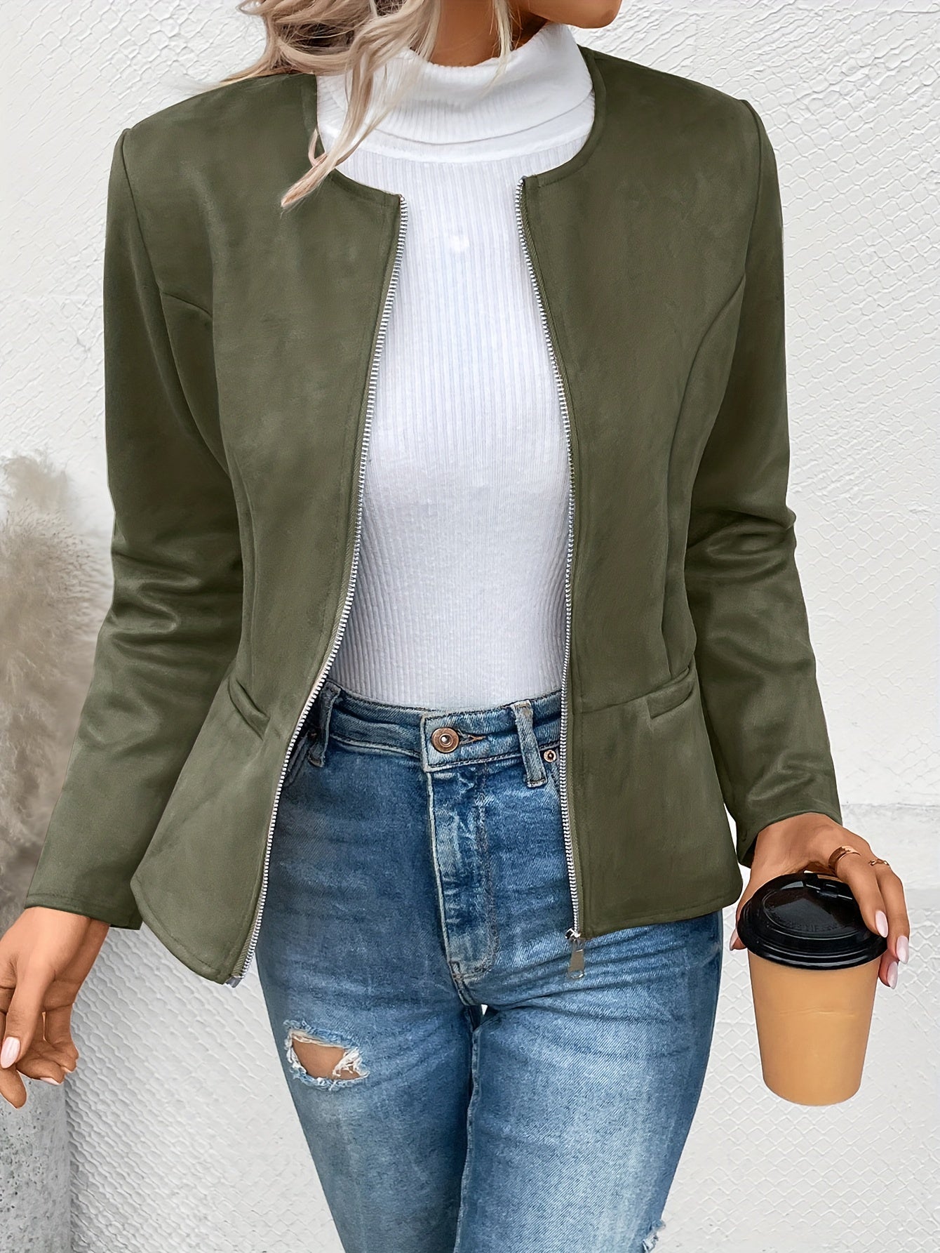 Solid Zip Up Jacket, Casual Long Sleeve Crew Neck Outerwear For Spring & Fall, Women's Clothing