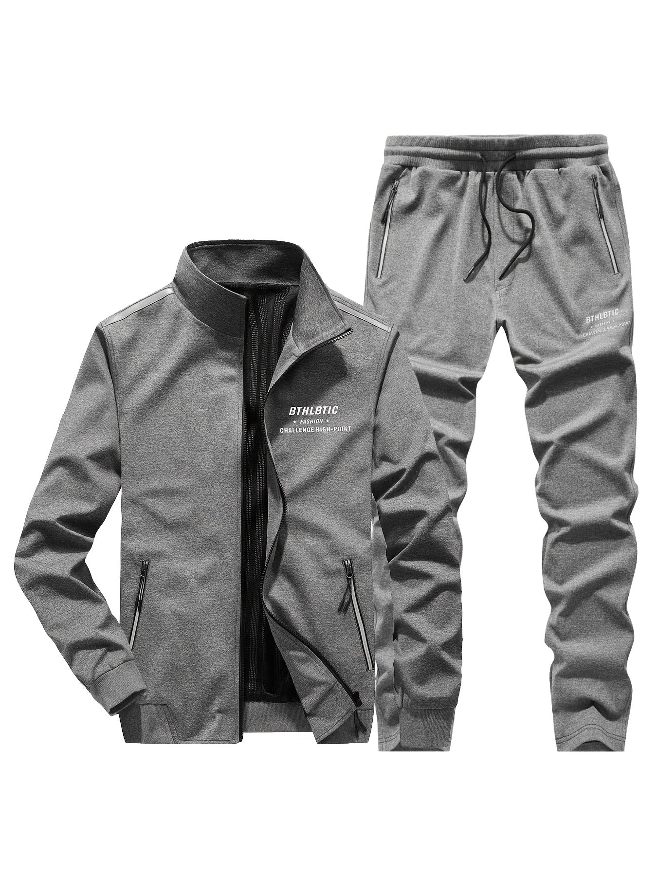 2pcs Men's Casual Sports Top & Bottom Sets, Stand Collar Zip Jacket With Pocket & Alphabet Print Drawstring Sweatpants Christmas Gifts