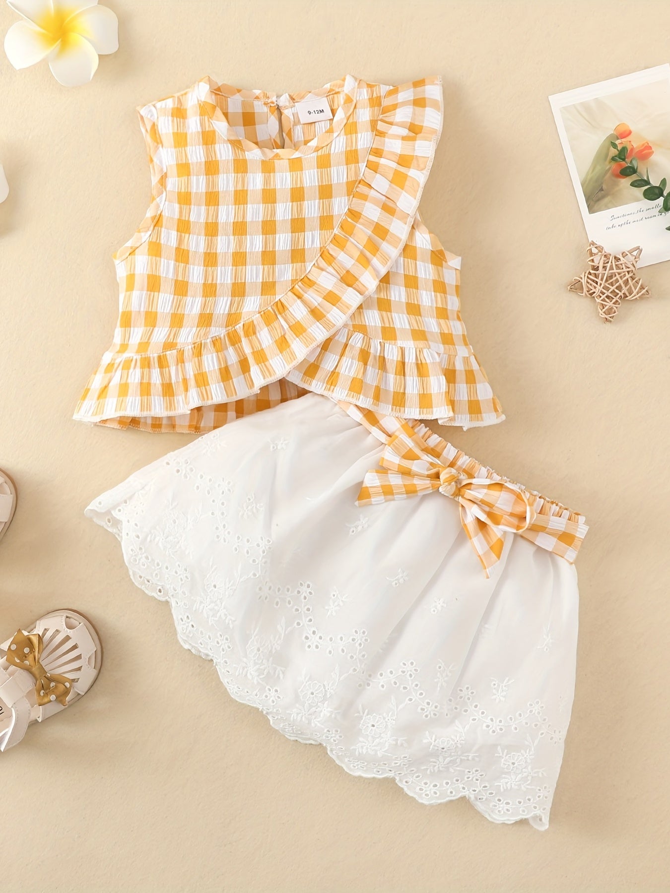 Baby Girls Casual Cute Ruffled Plaid Print Top & Lace Hem Skirt Set For Summer Holiday