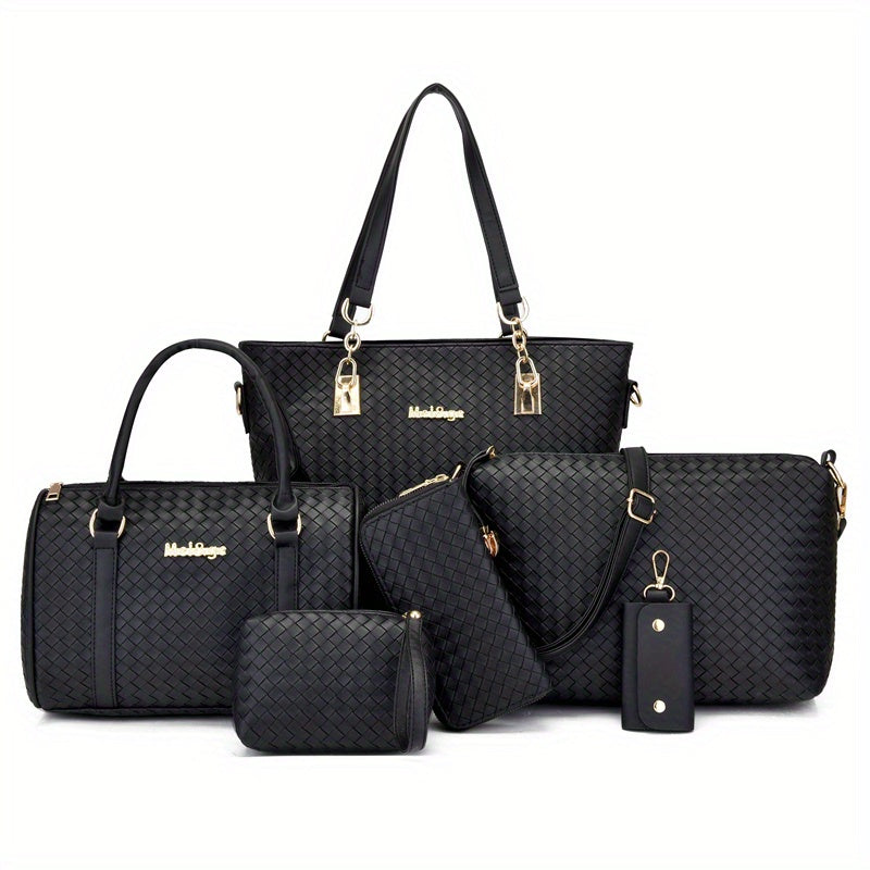 6pcs Geometric Pattern Tote Bag Set, Fashion Faux Leather Handbag & Crossbody Bag & Clutch Wallet & Wristlet & Key Case