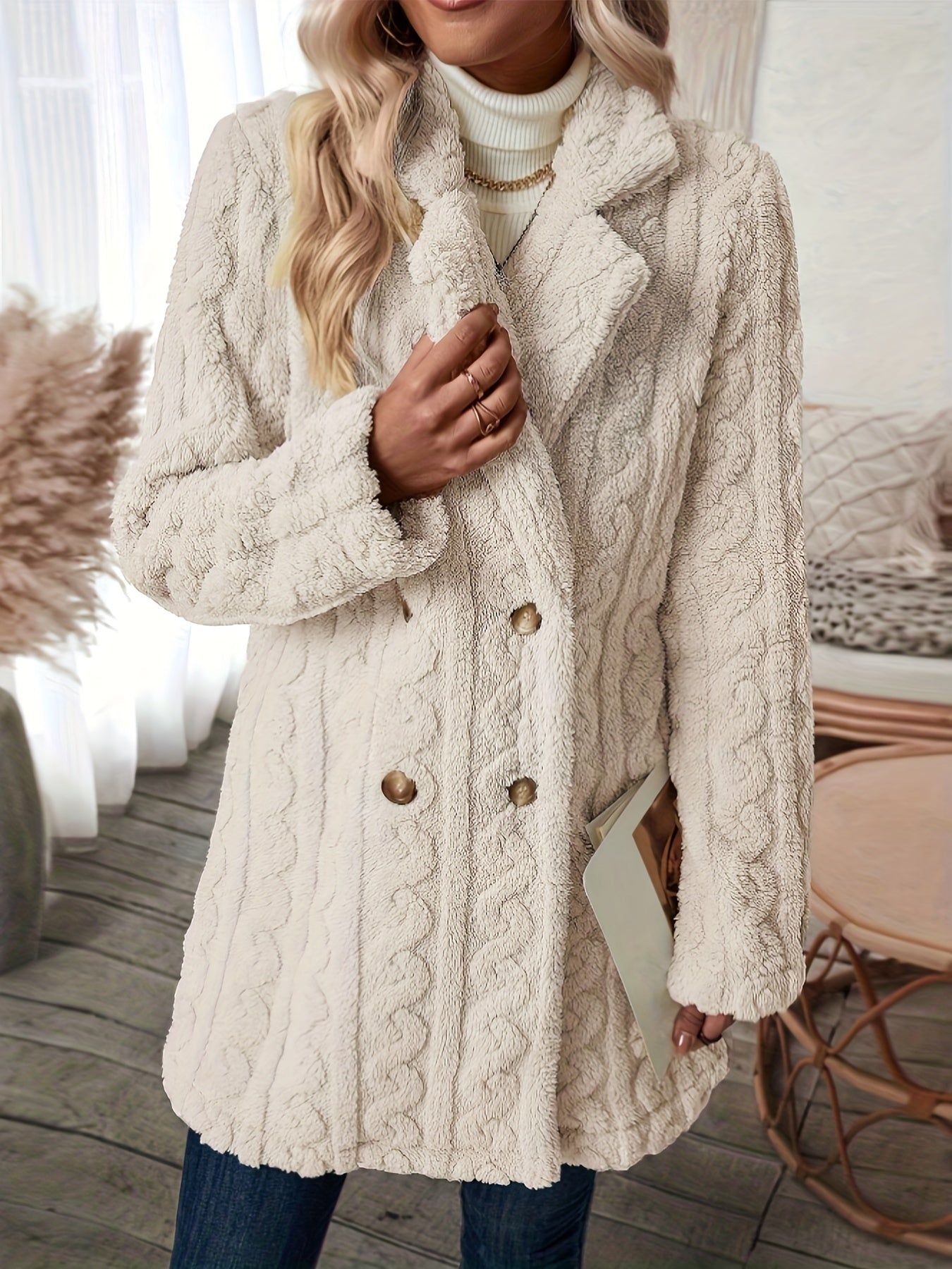 Double Breasted Lapel Teddy Coat, Versatile Long Sleeve Textured Thermal Winter Outwear, Women's Clothing