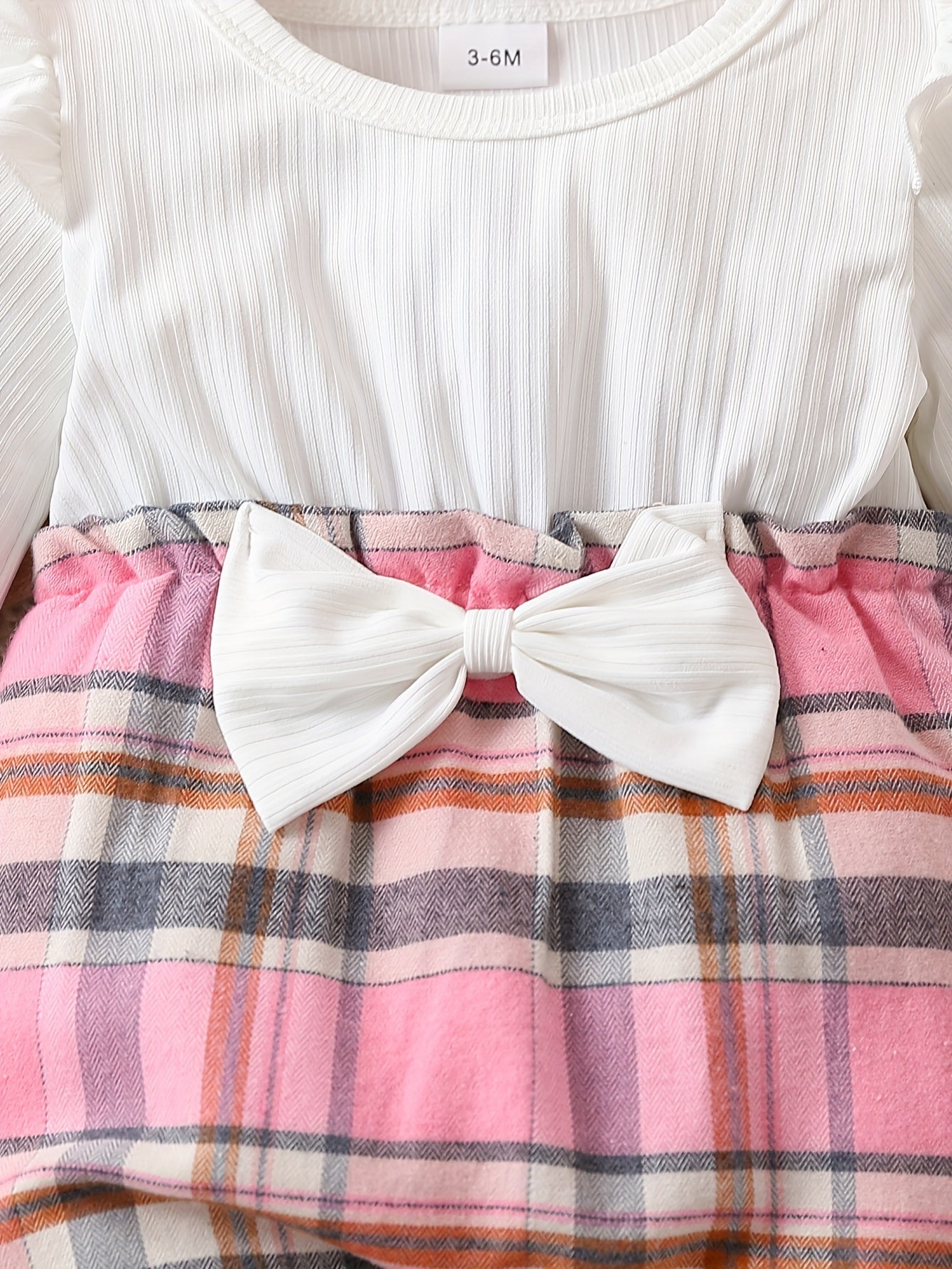 2pcs Baby Girls Ruffle Long-sleeved Bow Checkered Jumpsuit + Checkered Bow Headband Set