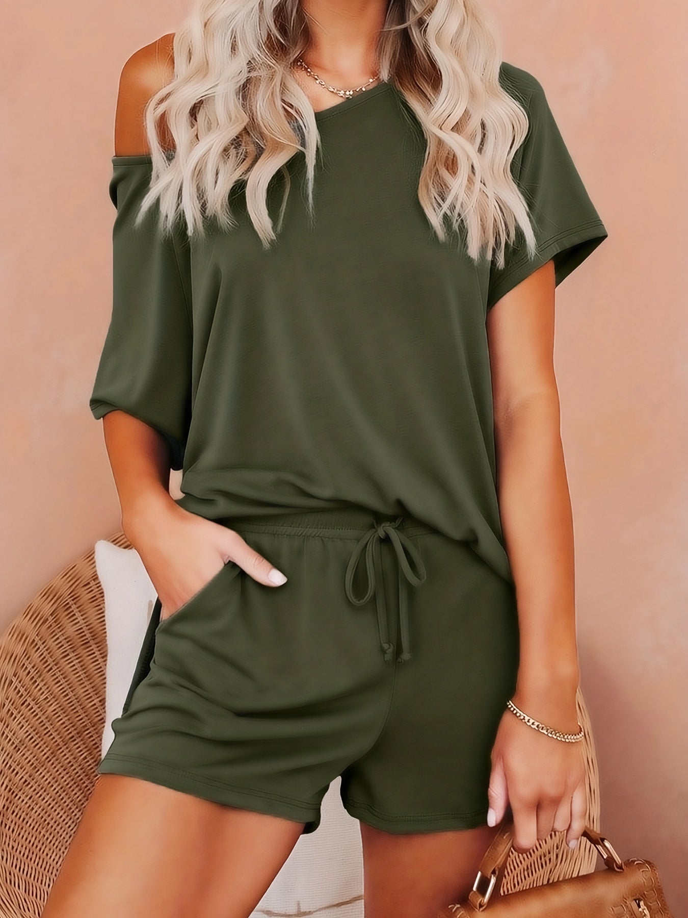 Casual Solid Two-piece Set, Split Short Sleeve T-shirt & Elastic Drawstring Shorts Outfits, Women's Clothing