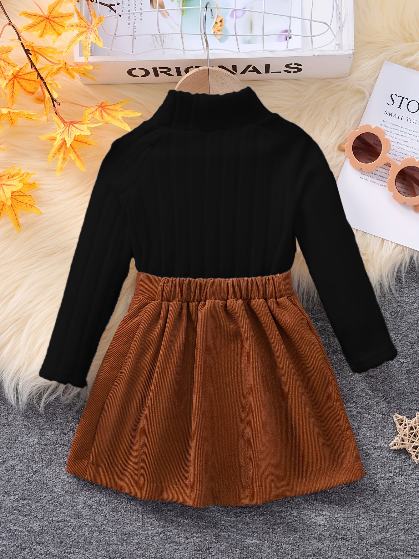 2pcs Little Girl's Stylish Outfits, Ribbed Knitted Turtleneck Top & Corduroy Skirt Set, Kids Clothes Autumn And Winter