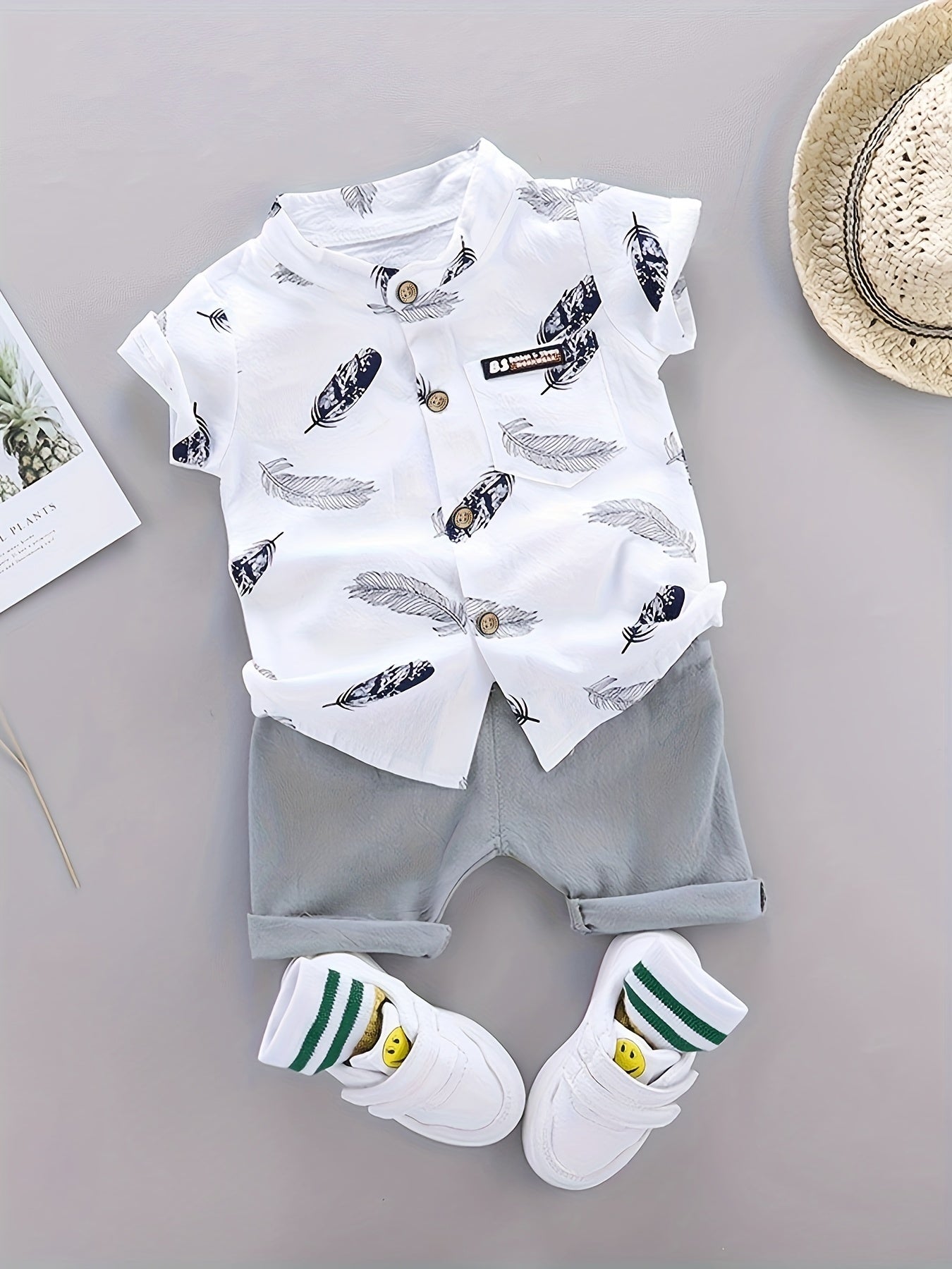 2pcs Baby Boys Casual Feather Pattern Short Sleeve Shirt & Shorts Set Clothes