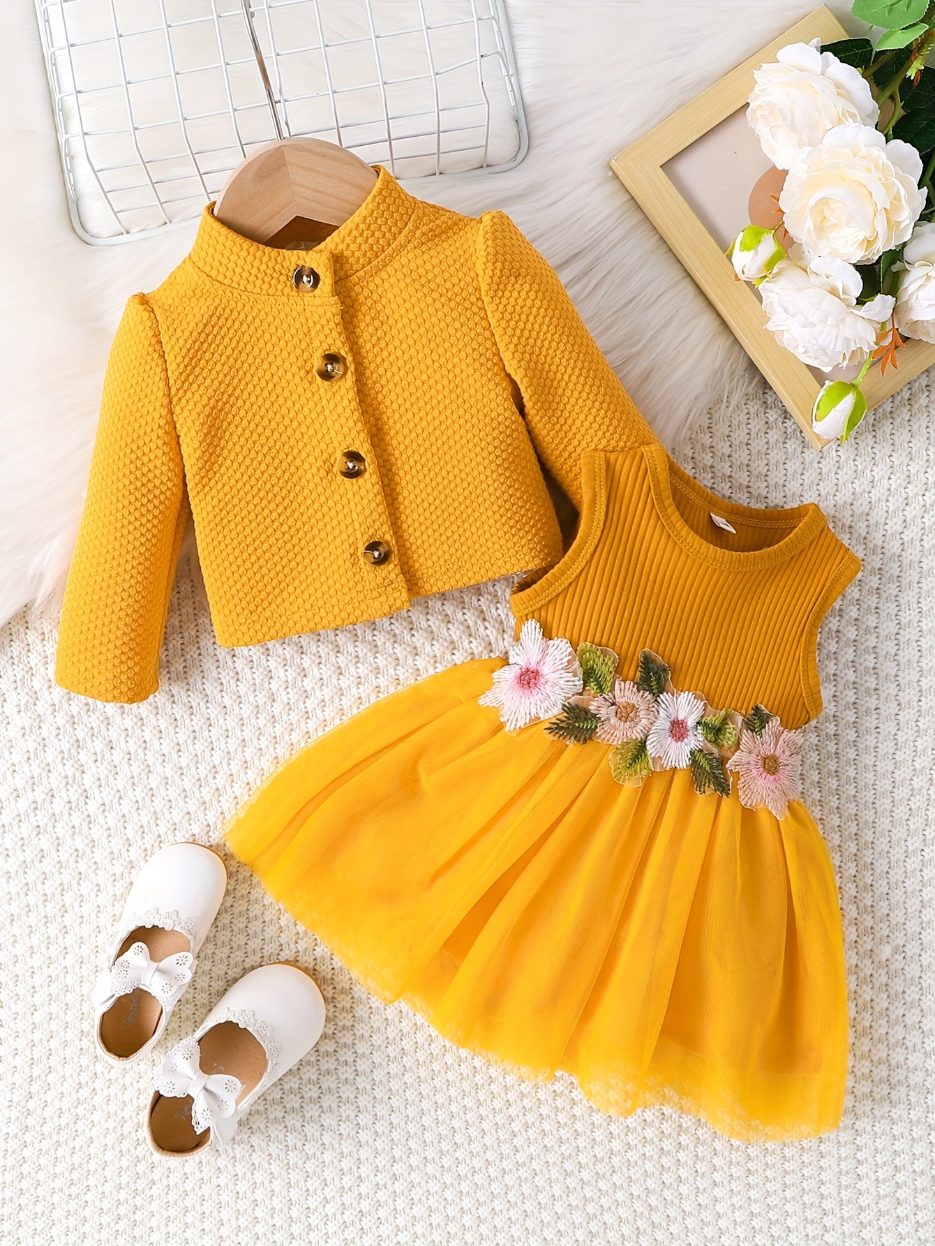 Sweet & Cute Infant Baby Girls Casual Dress Up, Single Breasted Long Sleeve Top Sleeveless Mesh Splicing Vest Skirt Set