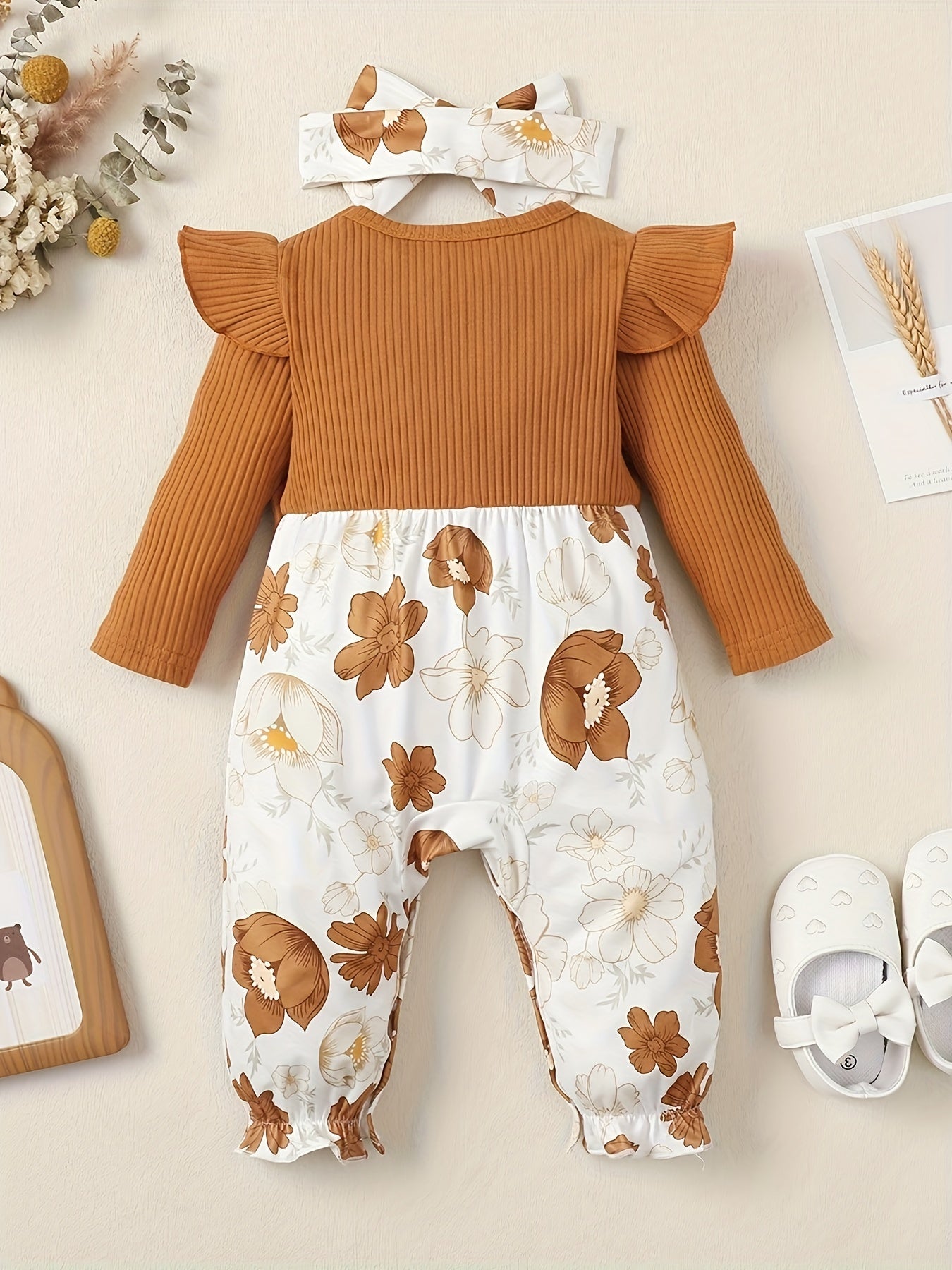 Baby Girls Long Sleeve Flower Print Cute Bodysuit With Bows For Spring And Autumn