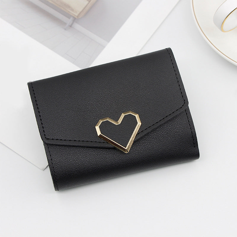 Women's Stylish Short Wallet, Faux Leather Casual Trifold Coin Purse, Simple Purse With Metal Love Decor