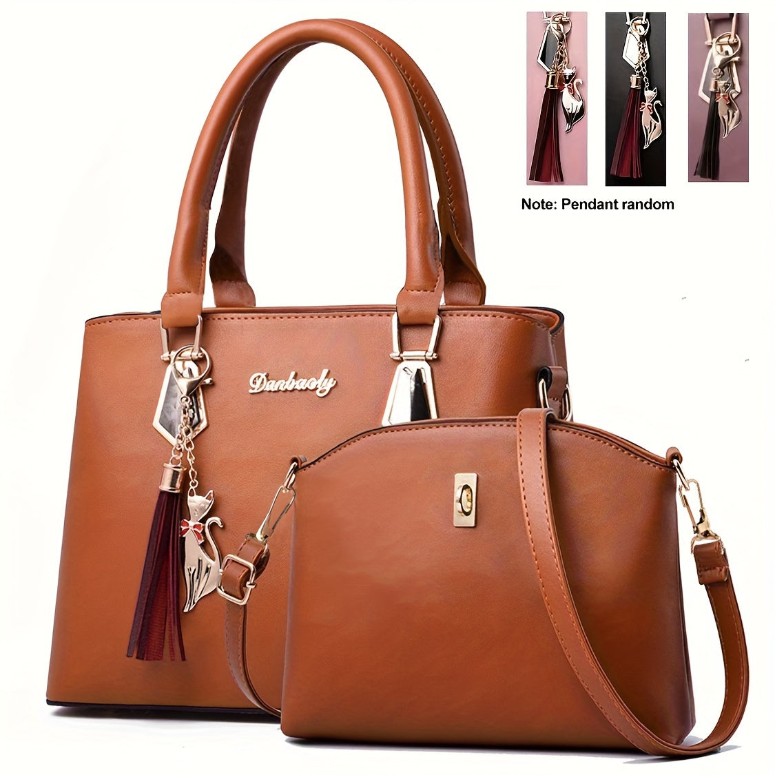 2pcs Tassel Pendant Tote Bag Crossbody Set, PU Leather Large Capacity Shoulder Bag, Casual Versatile Commuter Bag