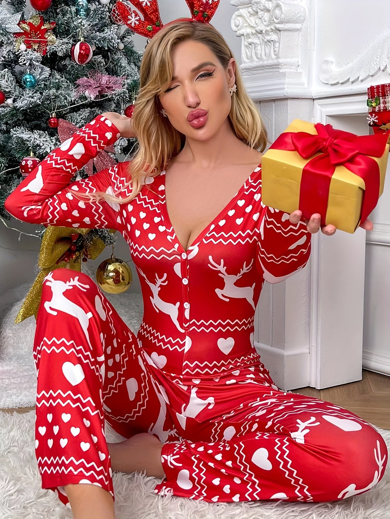 Christmas Deer Print Pajama Set, Casual V Neck Long Sleeve Button Up Top & Elastic Waistband Pants, Women's Sleepwear & Loungewear