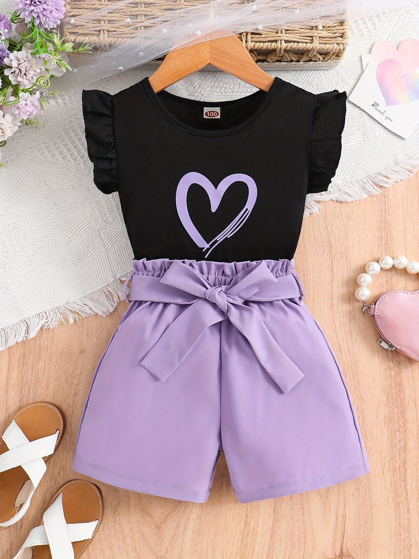 2pcs Girls Daily Casual Heart Print Crew Neck Sleeveless Top & Bow Shorts With Belt For Summer Kids Clothes