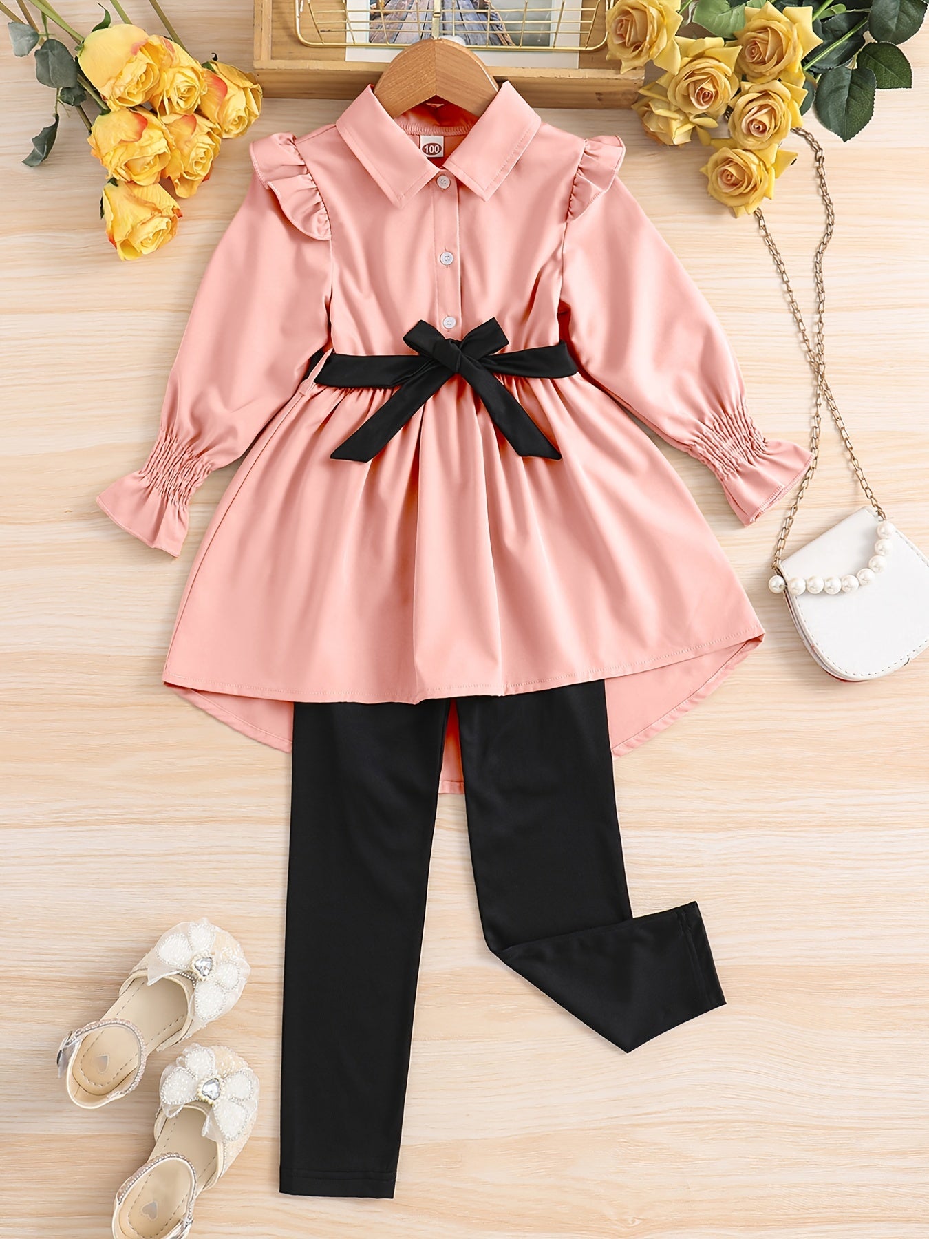 Lapel Long Sleeve Top & Trousers With Belt Girl's Two-piece Set, Spring And Autumn Daily Casual Outwear Clothes