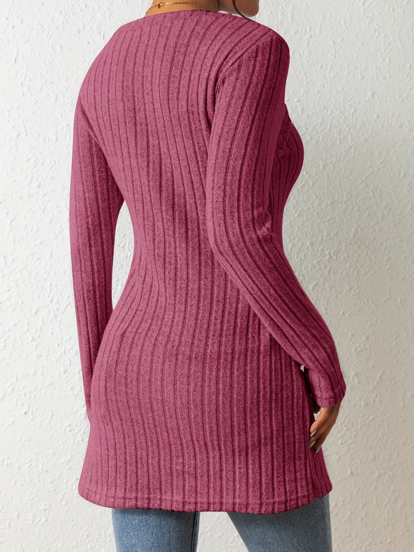 Ribbed Knit Square Neck Sweater, Casual Long Sleeve Split Sweater For Fall & Winter, Women's Clothing