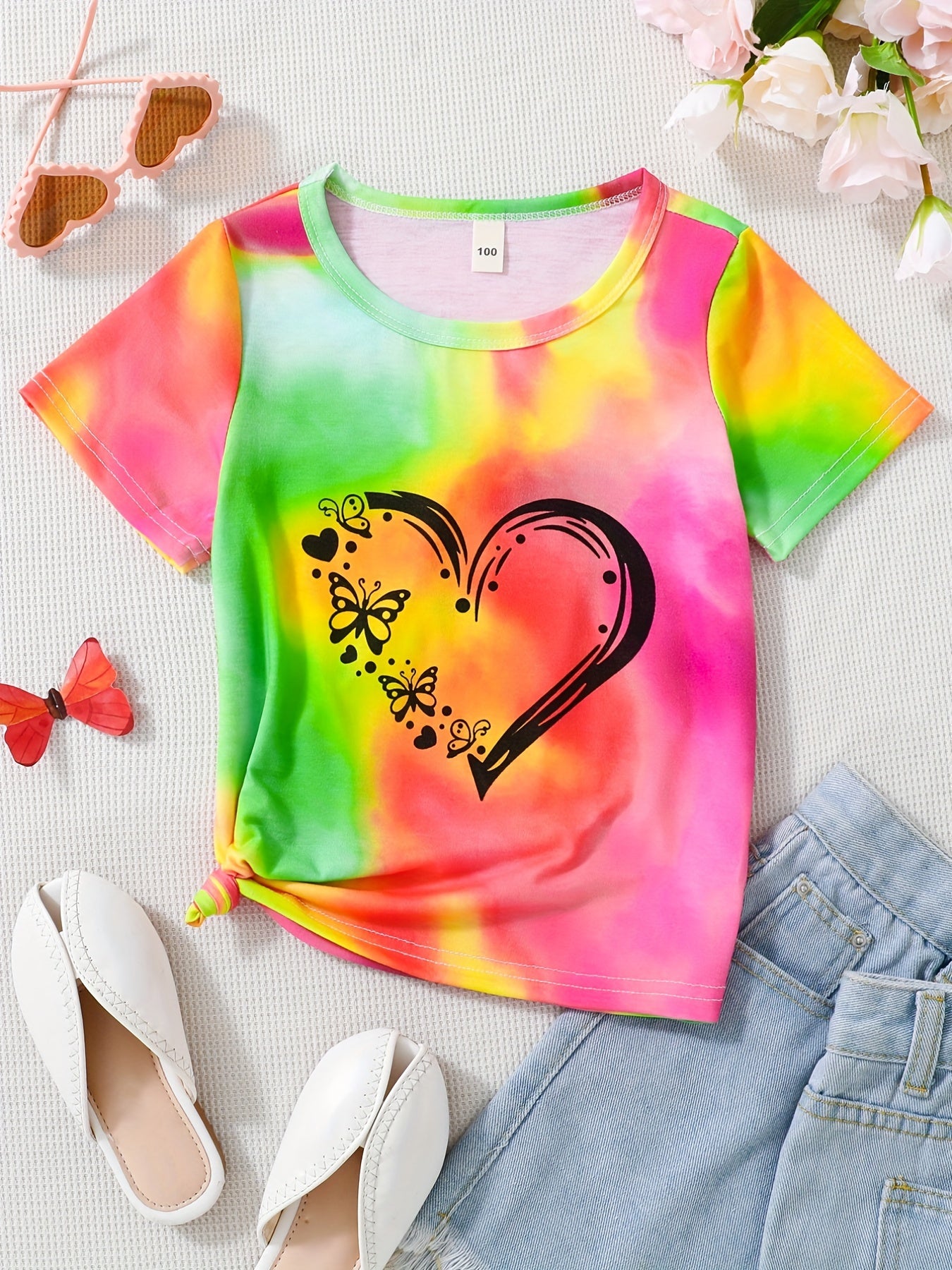 Toddler Girls Tie Dye Heart And Butterfly Graphic T-Shirt, Casual Round Neck Tees Top, Kids Summer Clothes