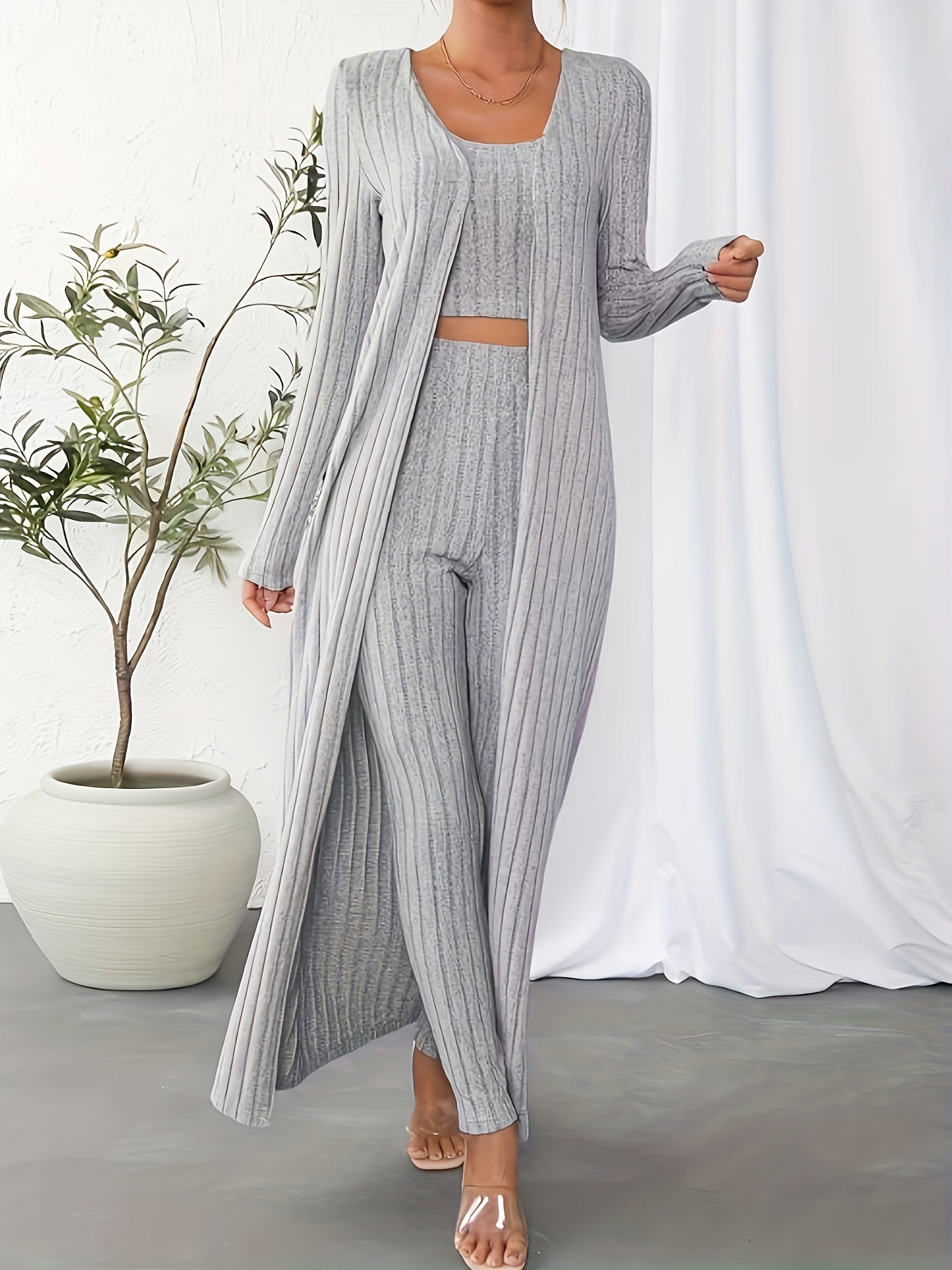 Ribbed Solid Three-piece Set, Crop Tank Top & Long Sleeve Cardigan & High Waist Pants Outfits, Women's Clothing