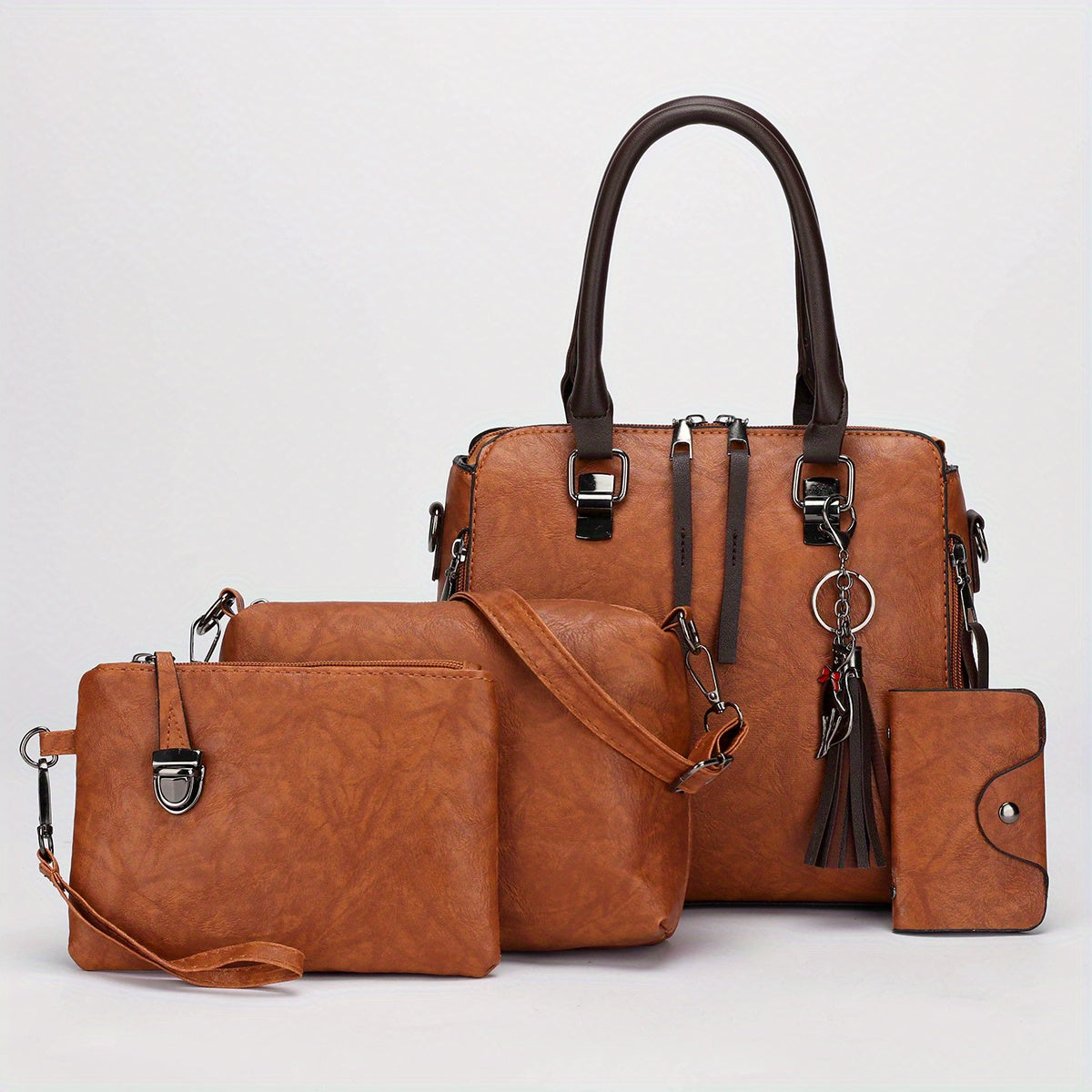 4pcs Retro Style Tote Bag Set, Stylish Faux Leather Handbag With Crossbody Bag, Wristlet Clutch Purse, Credit Card Holder