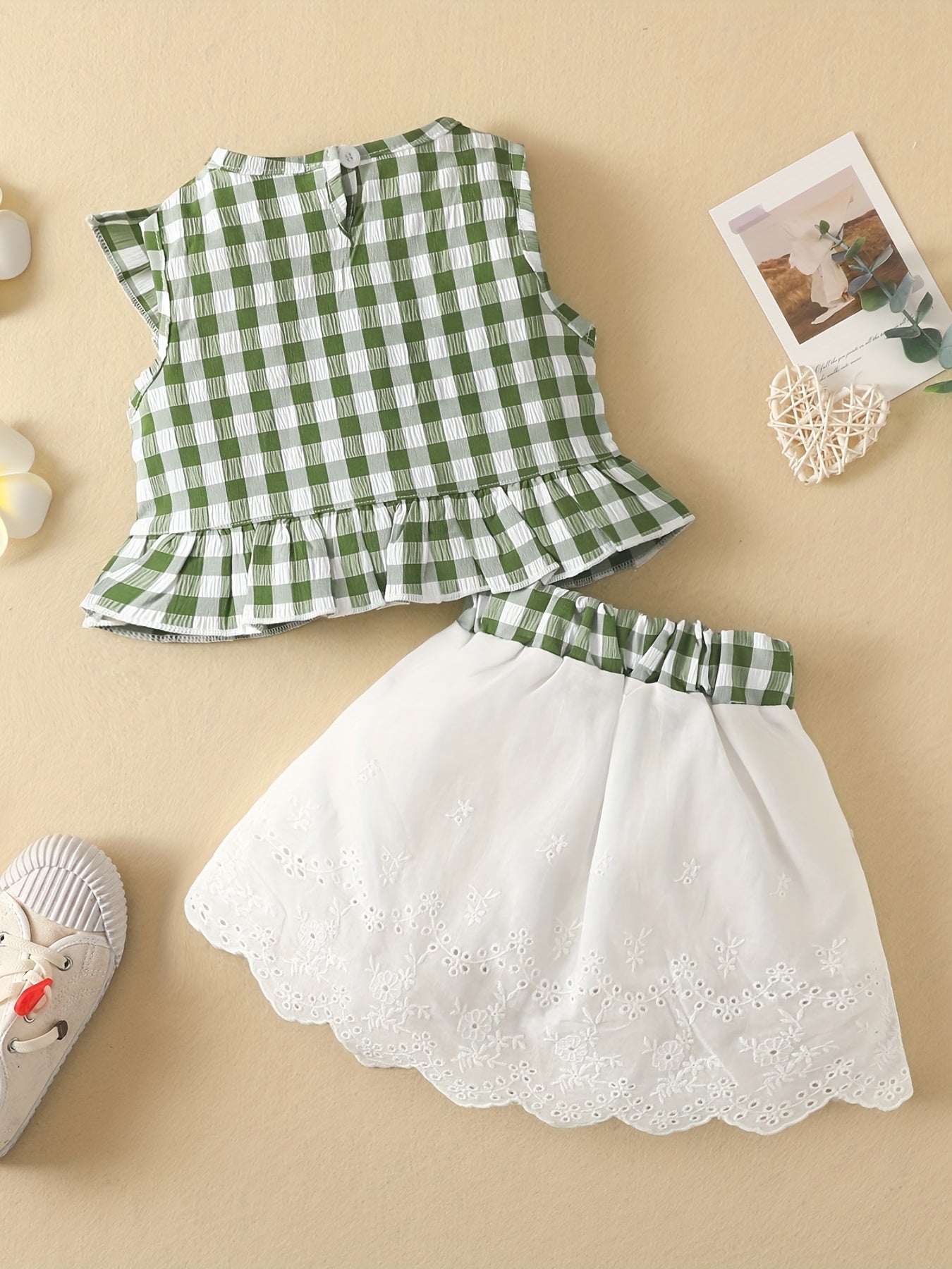 Baby Girls Casual Cute Ruffled Plaid Print Top & Lace Hem Skirt Set For Summer Holiday