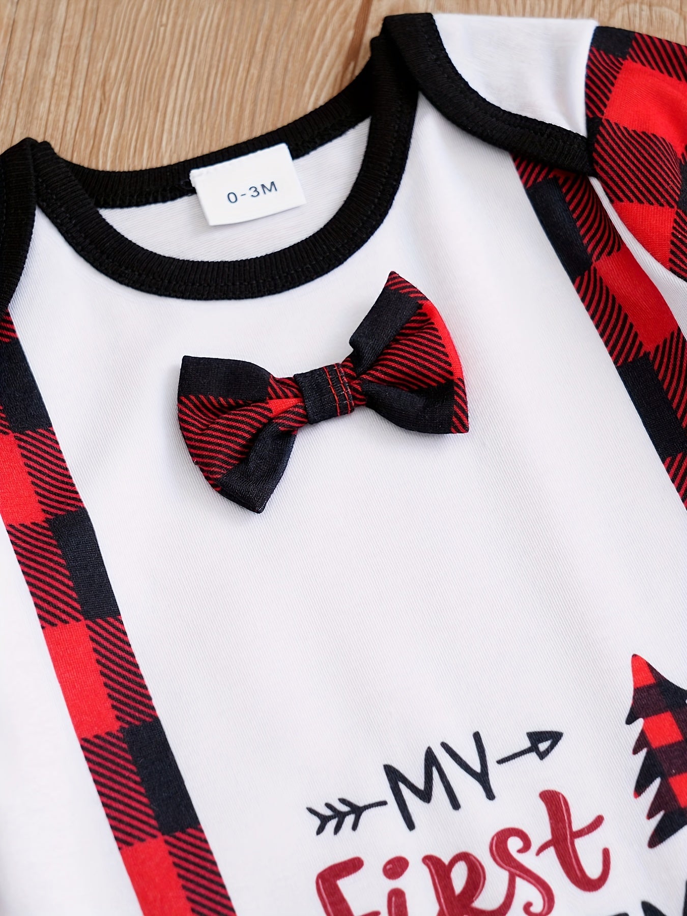 Christmas Letter Plaid Graphic Fake Overalls Romper, Cute Baby Bodysuit (Hat Included)