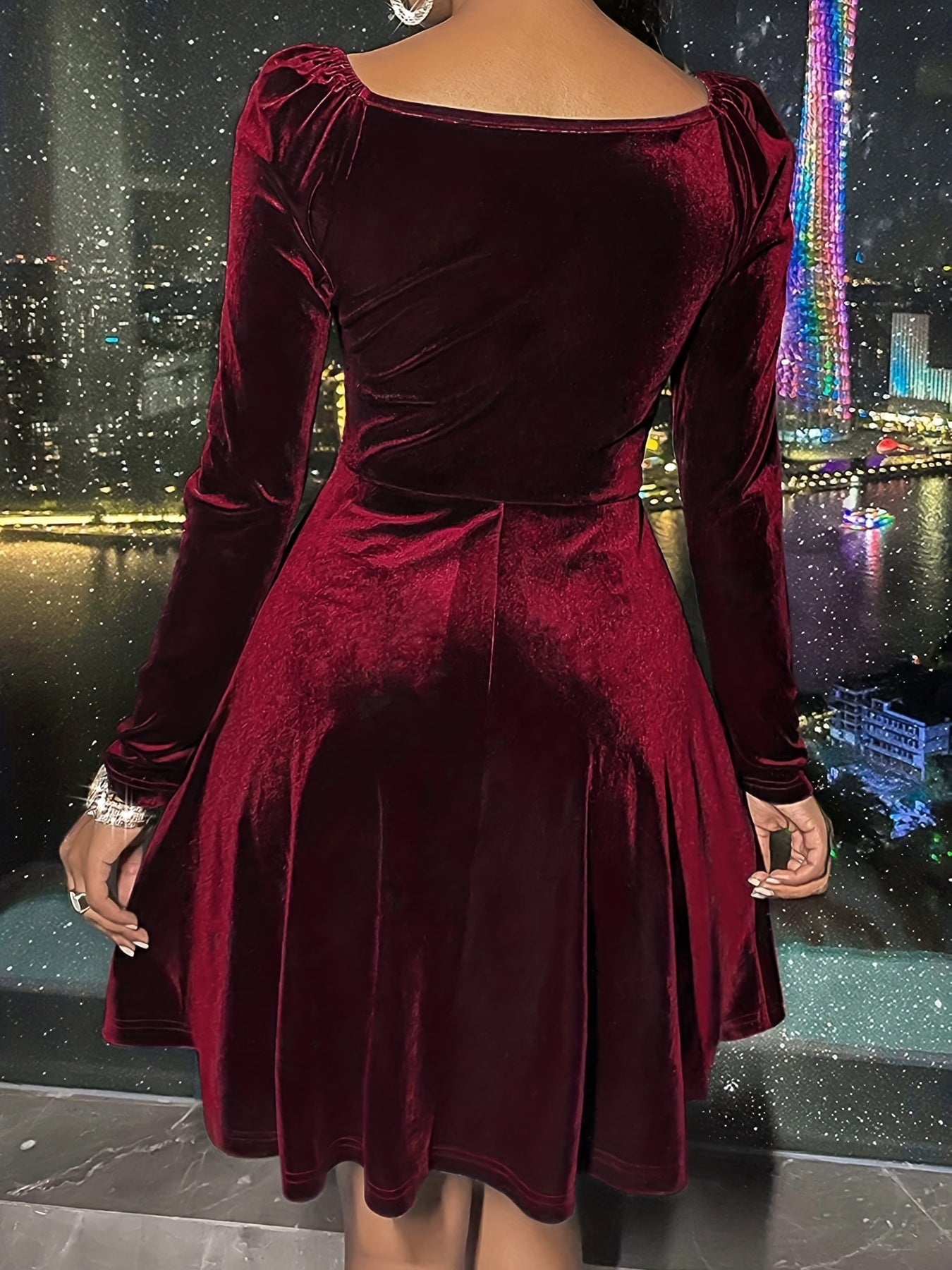 Plus Size Elegant Dress, Women's Plus Solid Velvet Ruched Long Sleeve V Neck Nipped Waist A-line Dress