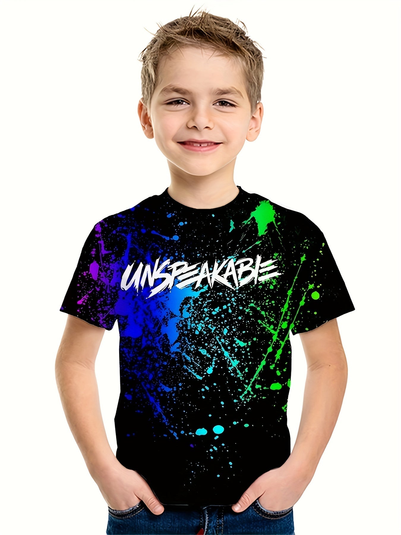 UNSPEAKABLE Print T-shirt For Cool Kids! Casual Short Sleeve Top, Unisex Tee, Girl's & Boy's Clothes For Summer