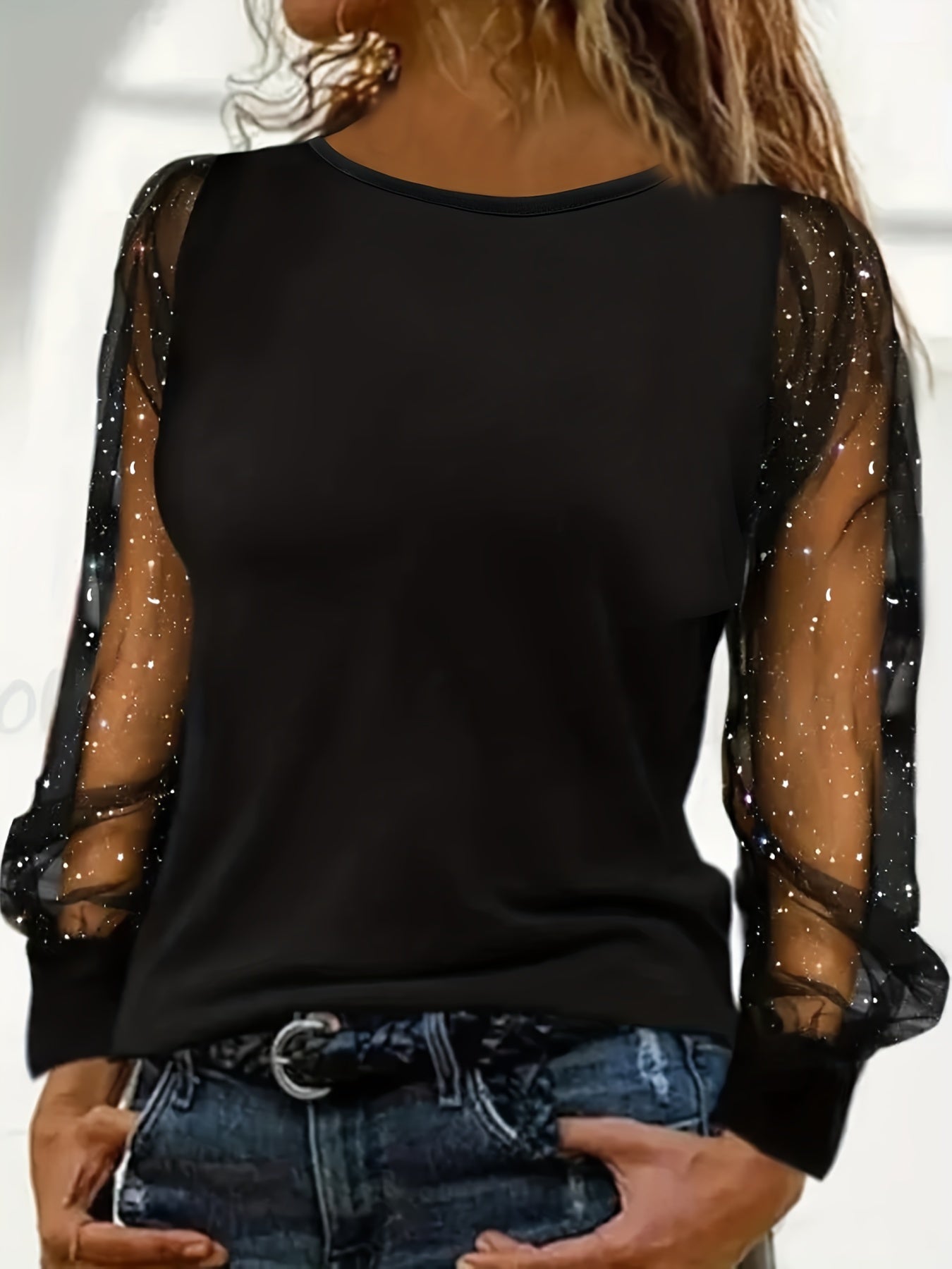 Plus Size Elegant Top, Women's Plus Solid Contrast Mesh Sequin Lantern Sleeve Round Neck Medium Stretch Top