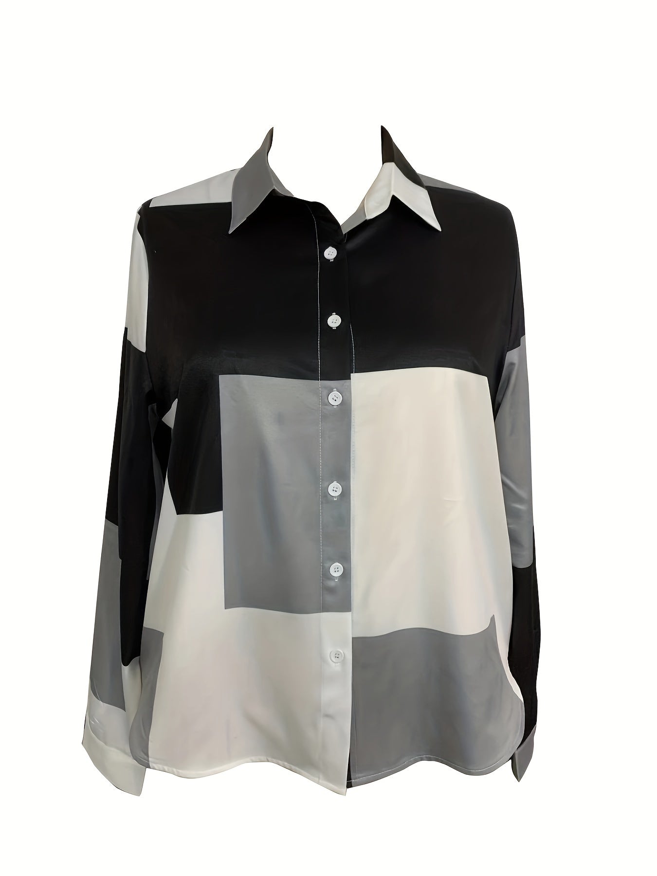 Plus Size Casual Blouse, Women's Plus Colorblock Grid Print Long Sleeve Button Up Turn Down Collar Blouse