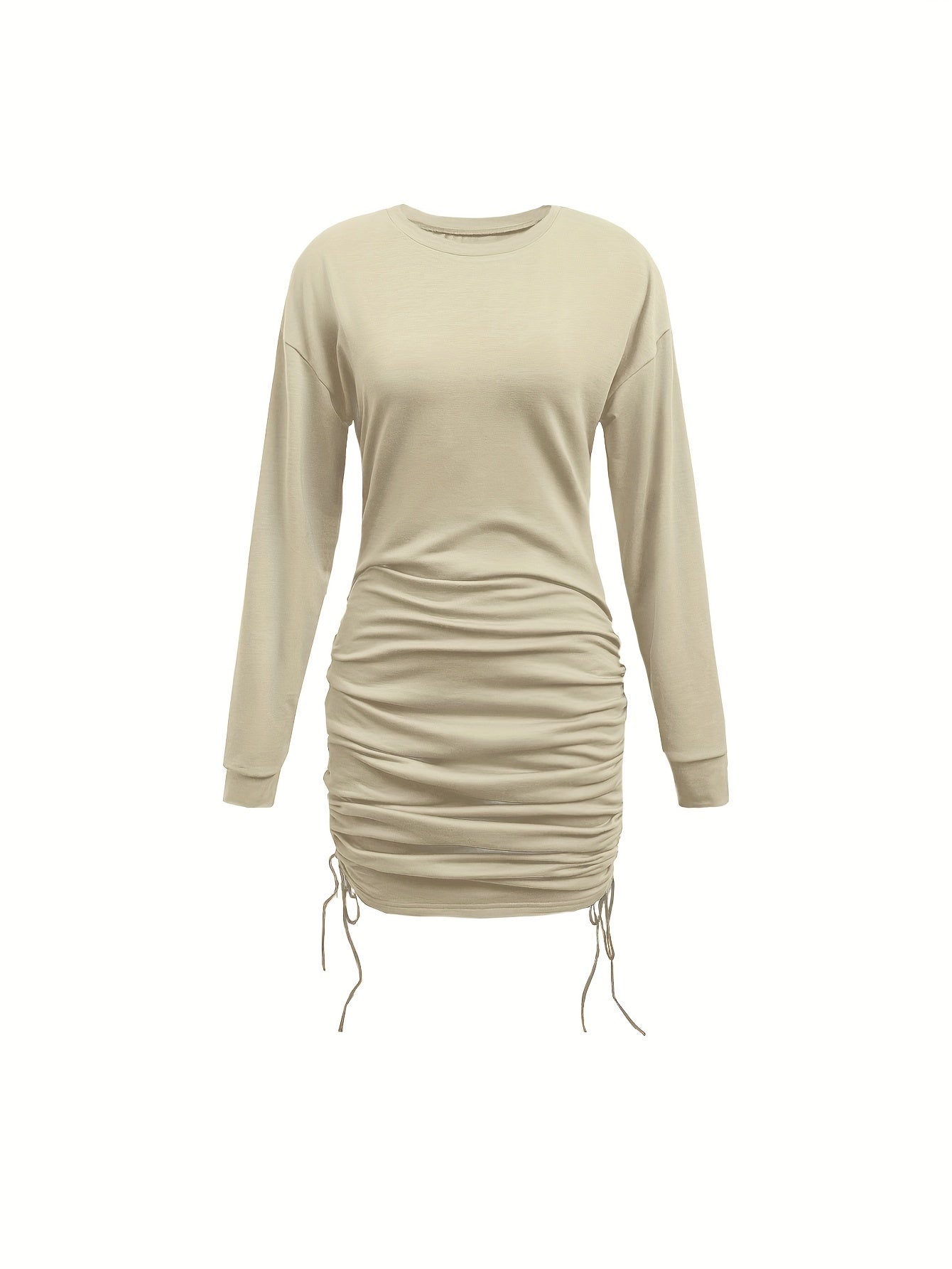 Ruched Drawstring Dress, Casual Crew Neck Long Sleeve Dress, Women's Clothing