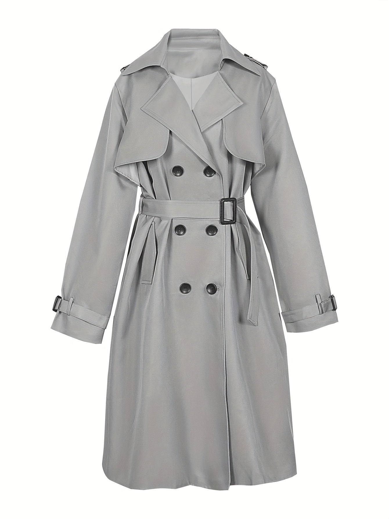 Plus Size Casual Coat, Women's Plus Solid Long Sleeve Lapel Collar Double Button Buckle Overcoat With Belt