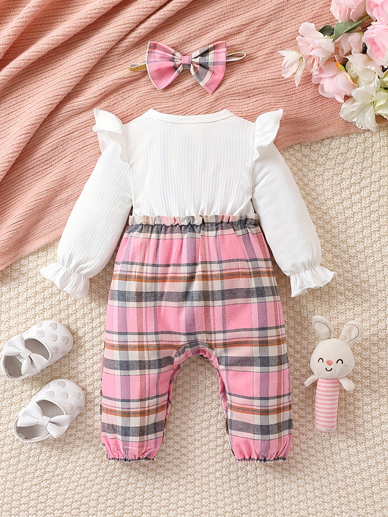 2pcs Baby Girls Ruffle Long-sleeved Bow Checkered Jumpsuit + Checkered Bow Headband Set