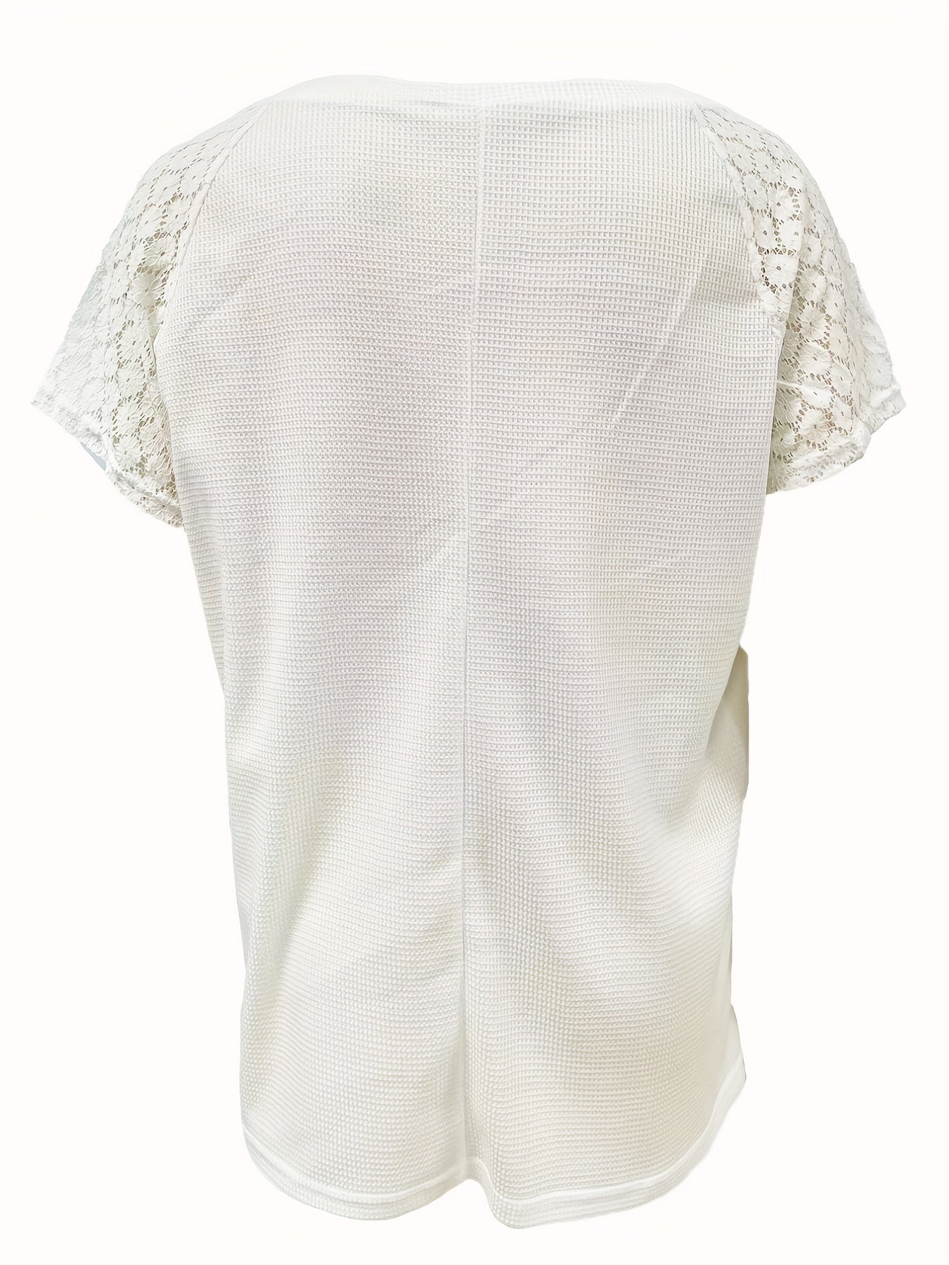 Plus Size Casual T-shirt, Women's Plus Plain Waffle Pattern Button Decor Contrast Lace Short Sleeve V Neck Medium Stretch T-shirt