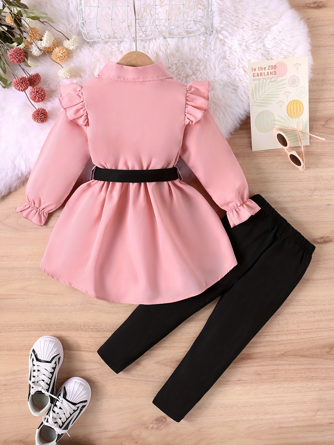 Girl's 2pcs Long Sleeve Shirt With Belt & Pants Set, Ruffle Decor Trendy Casual Outfits, Kids Clothes For Spring Fall