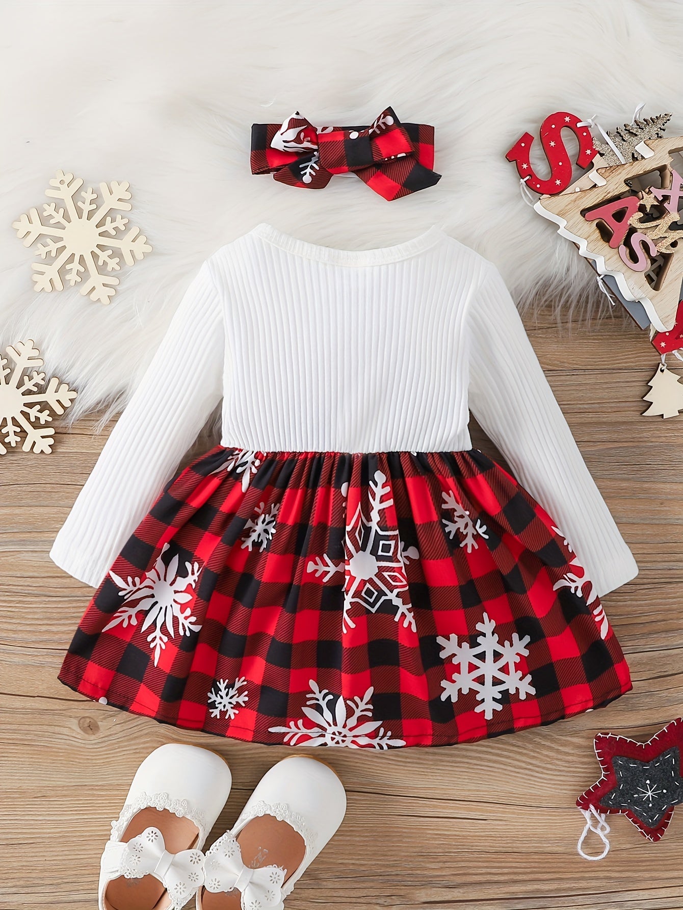 2pcs Baby Girl Christmas Cute Bow Snowflake Print Dress + Headscarf Set