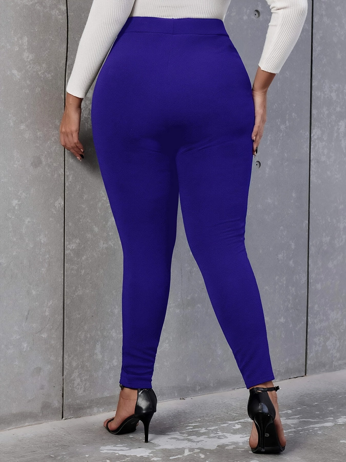 Plus Size High Rise Double Breast Decor Skinny Pants, Women's Plus Solid High Stretch Elegant Skinny Pants