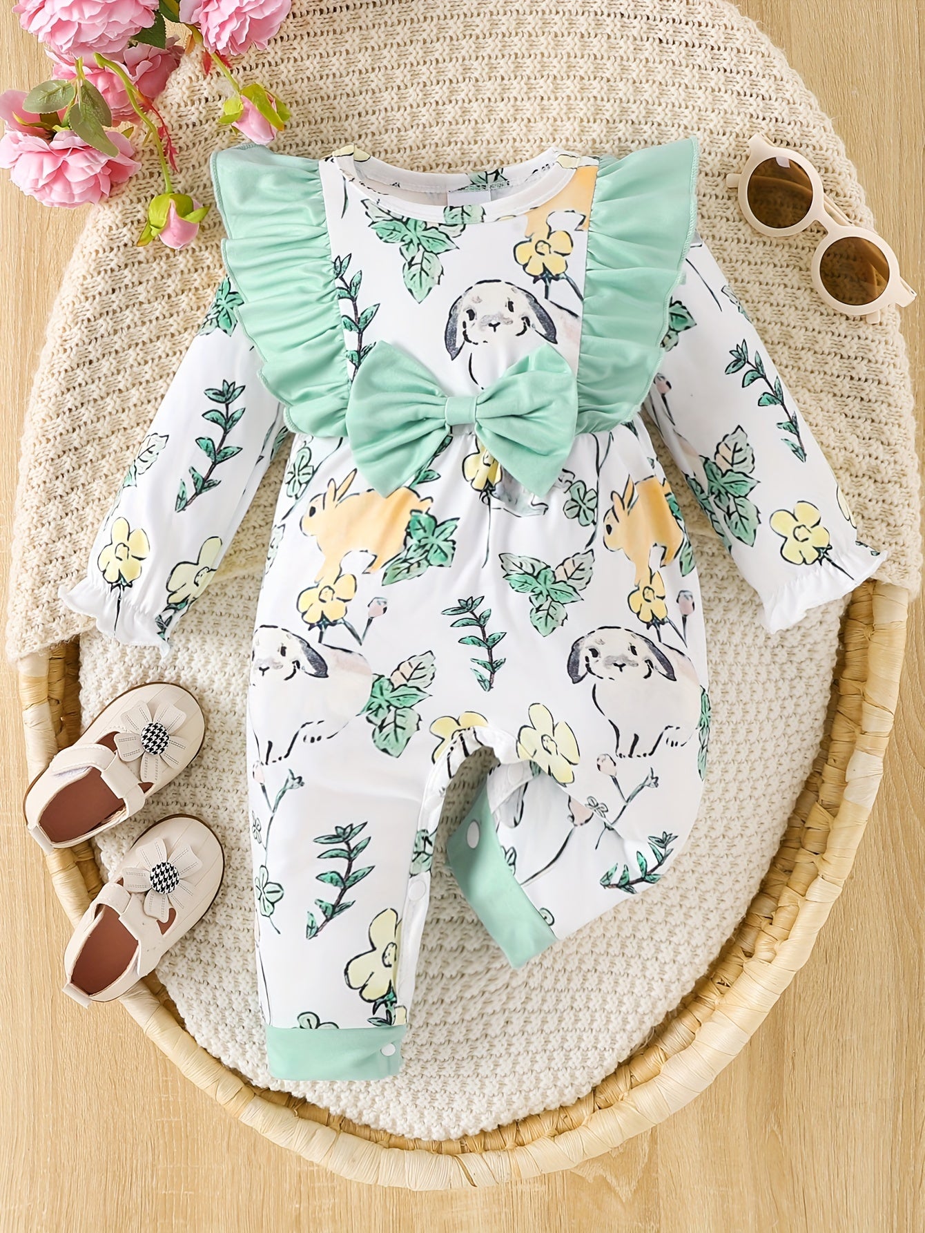 Baby Girl Long Sleeve Bodysuit Cute Ruffle Tunic Flower Deer Print Cute Onesie Christmas Daily Clothes For Spring Autumn