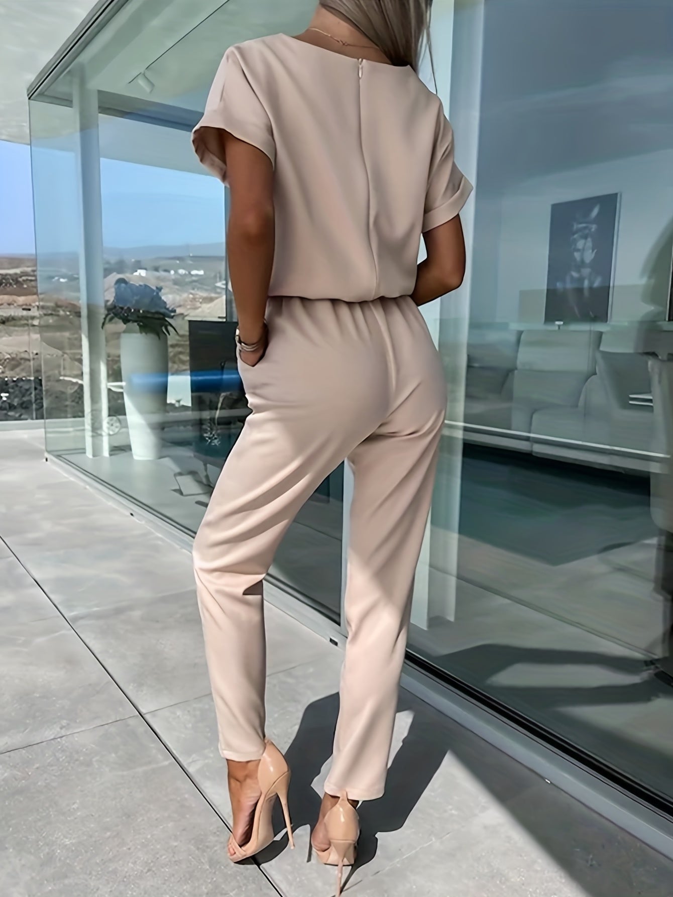 Foldover Tie-waist Keyhole Jumpsuit, Business Casual Short Sleeve Jumpsuit For Spring & Summer, Women's Clothing