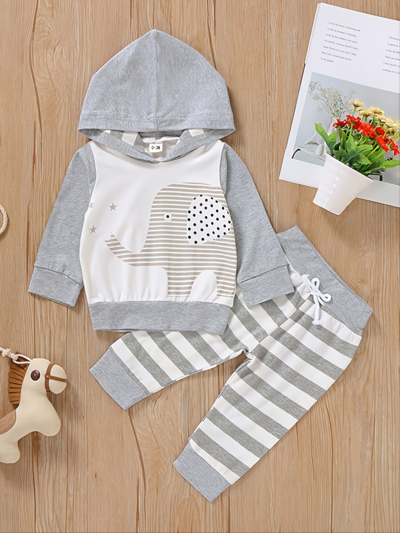 2pcs Baby Boys Elephant Long Sleeve Hoodie & Striped Pants Set Clothes