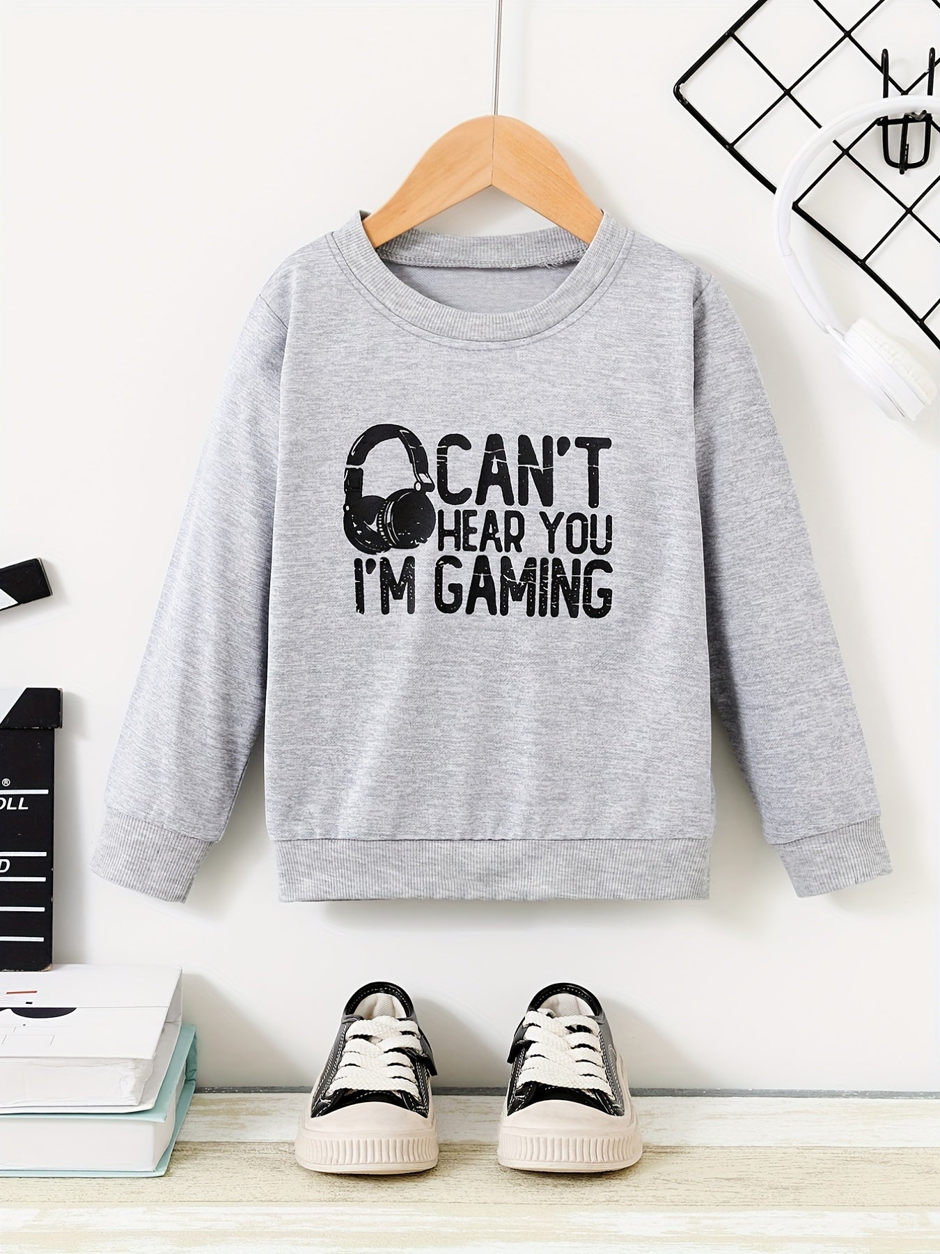 Earphone Print Kid's Sweatshirt, CAN'T HEAR YOU, I'M GAMING Print Causal Long Sleeve Top, Boy's Clothes For Spring Fall Winter