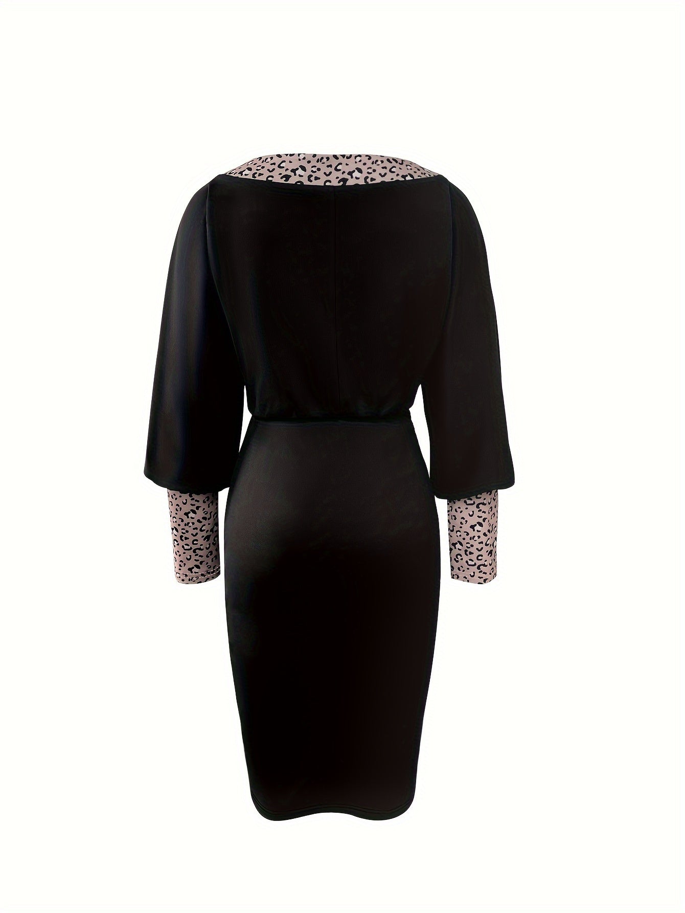 Leopard Print Contrast Trim Dress, Elegant Surplice Neck Long Sleeve Dress, Women's Clothing